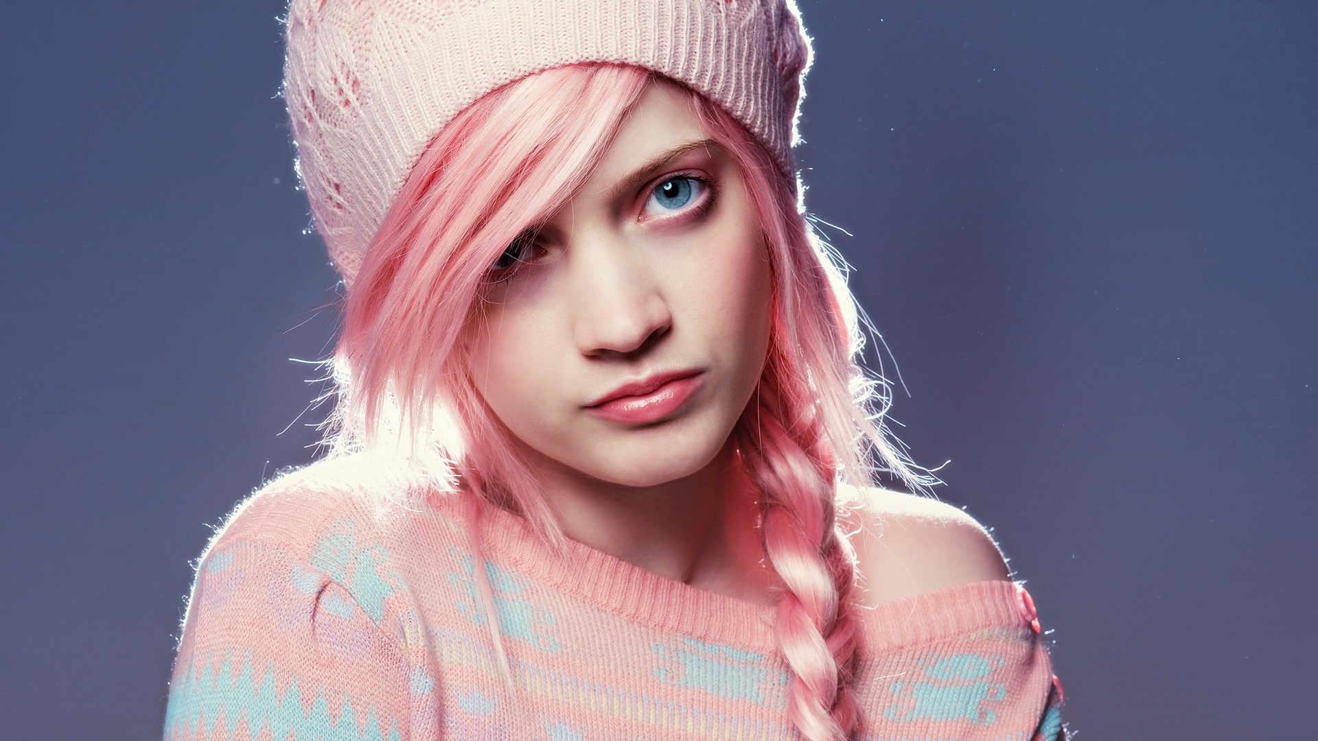 Girl with pink hair and blue eyes wearing a pink hat and sweater HD Wallpaper