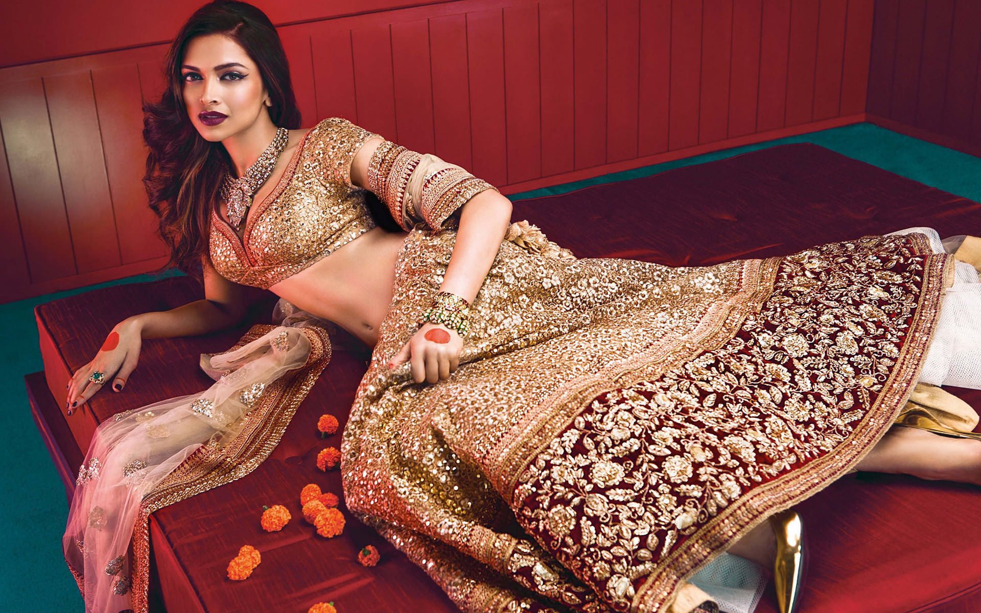 Deepika Padukone in a golden lehenga HD Wallpaper
