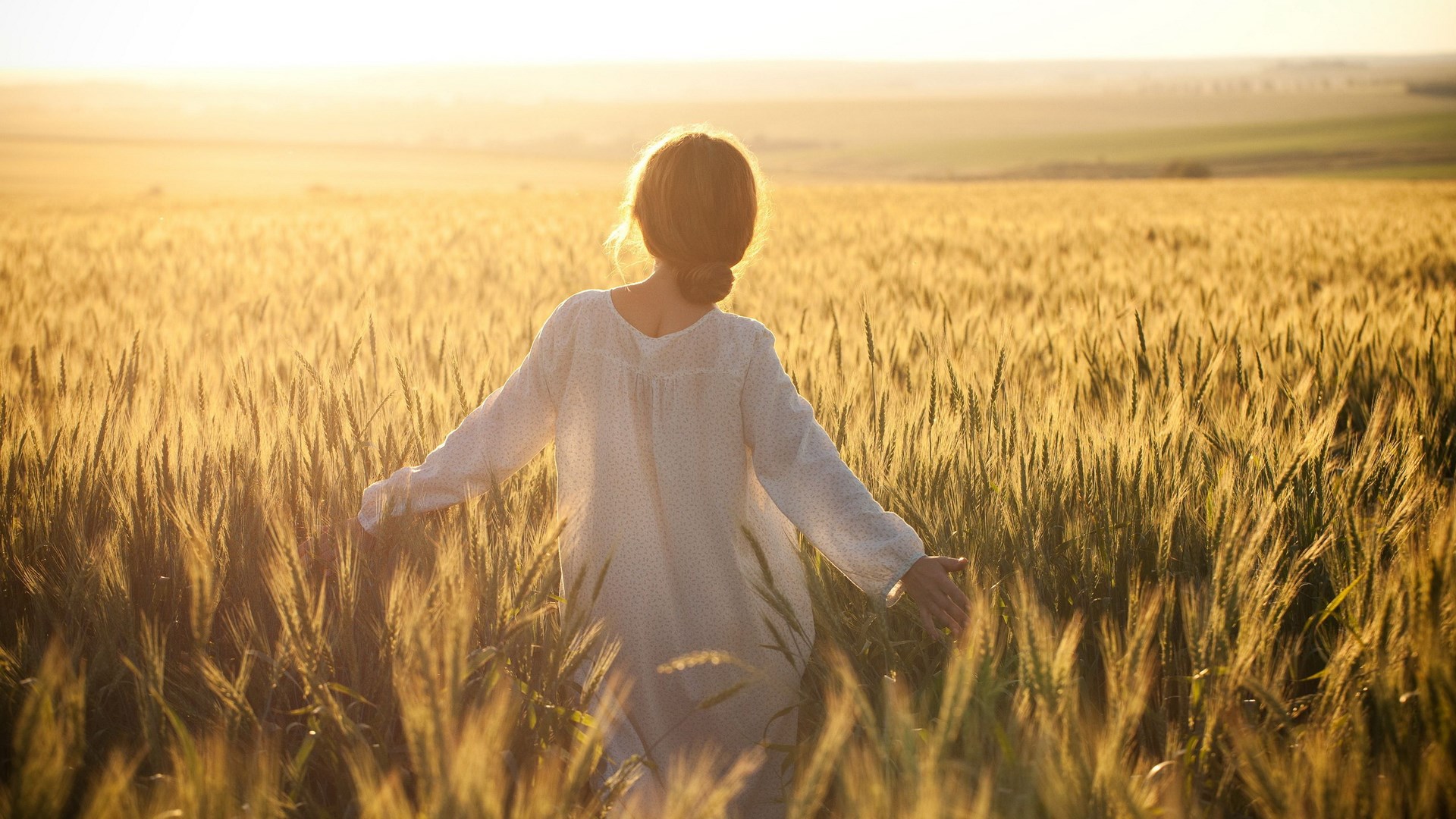 Woman walking through a wheat field at sunset HD Wallpaper