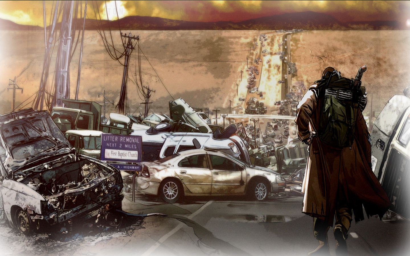 Post-apocalyptic scene with a lone traveler HD Wallpaper