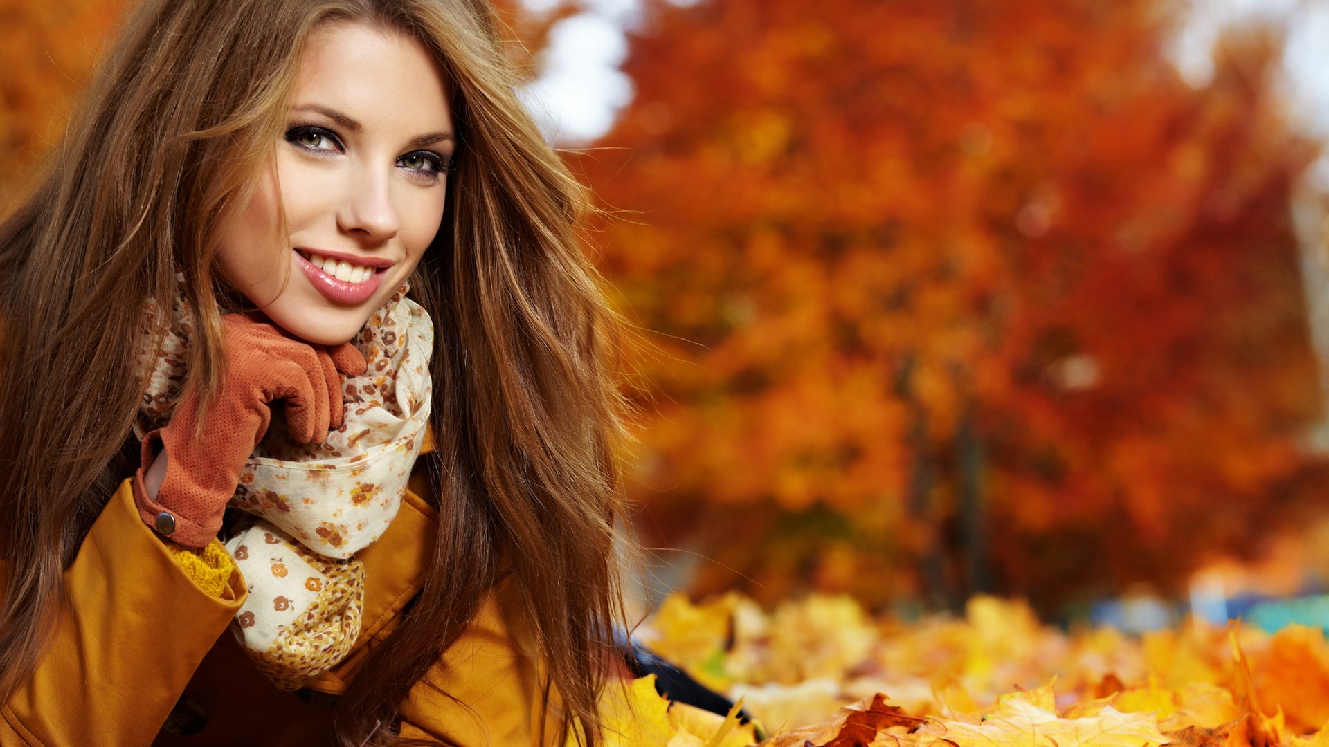 Woman in autumn park with fall foliage HD Wallpaper