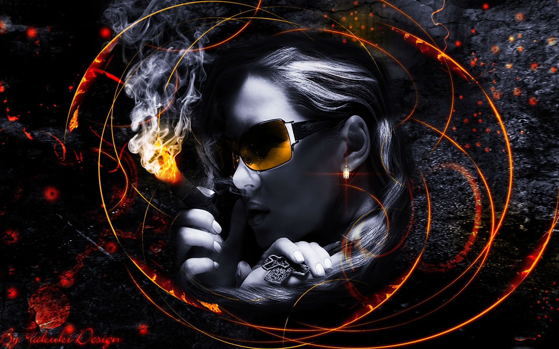 Rihanna smoking with fiery rings HD Wallpaper