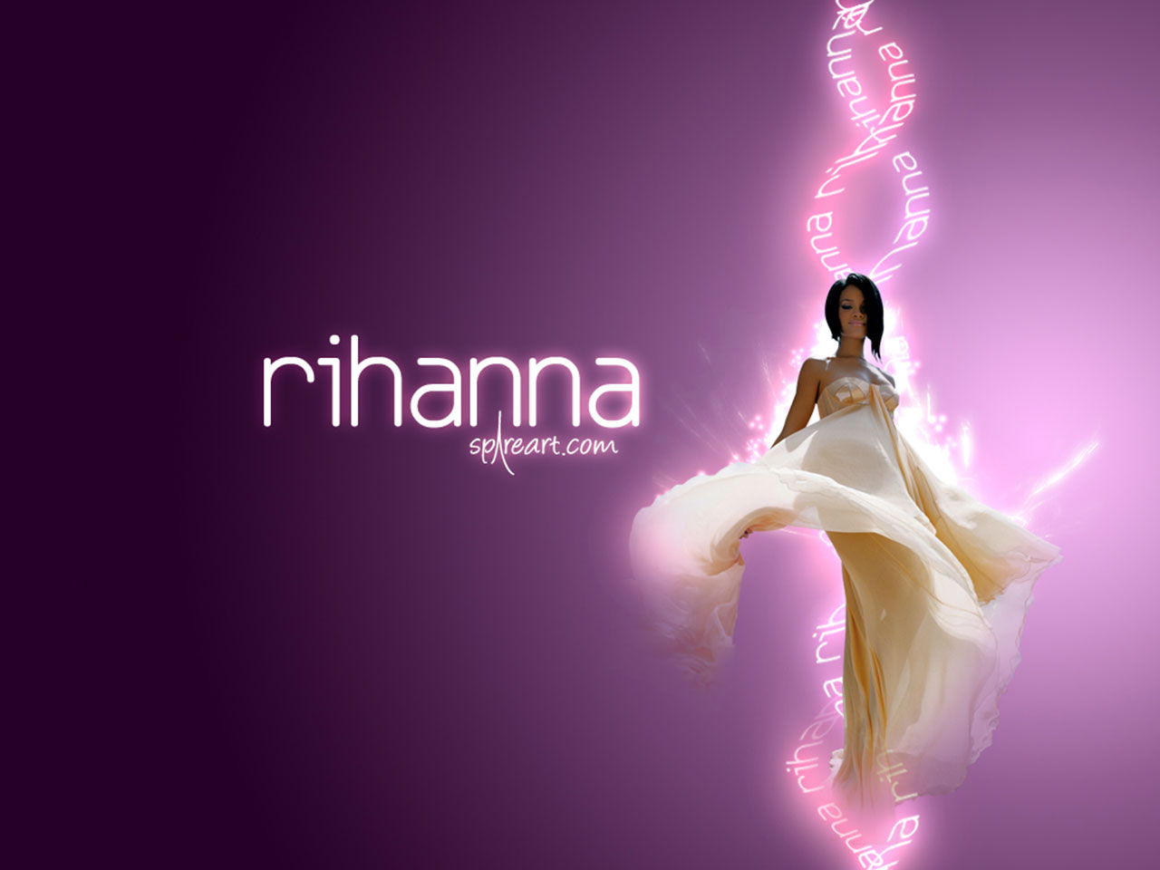 Rihanna in a flowing dress with text HD Wallpaper