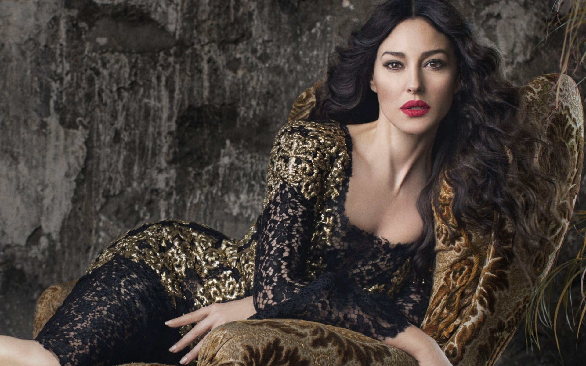 Monica Bellucci in Elegant Black and Gold Dress HD Wallpaper
