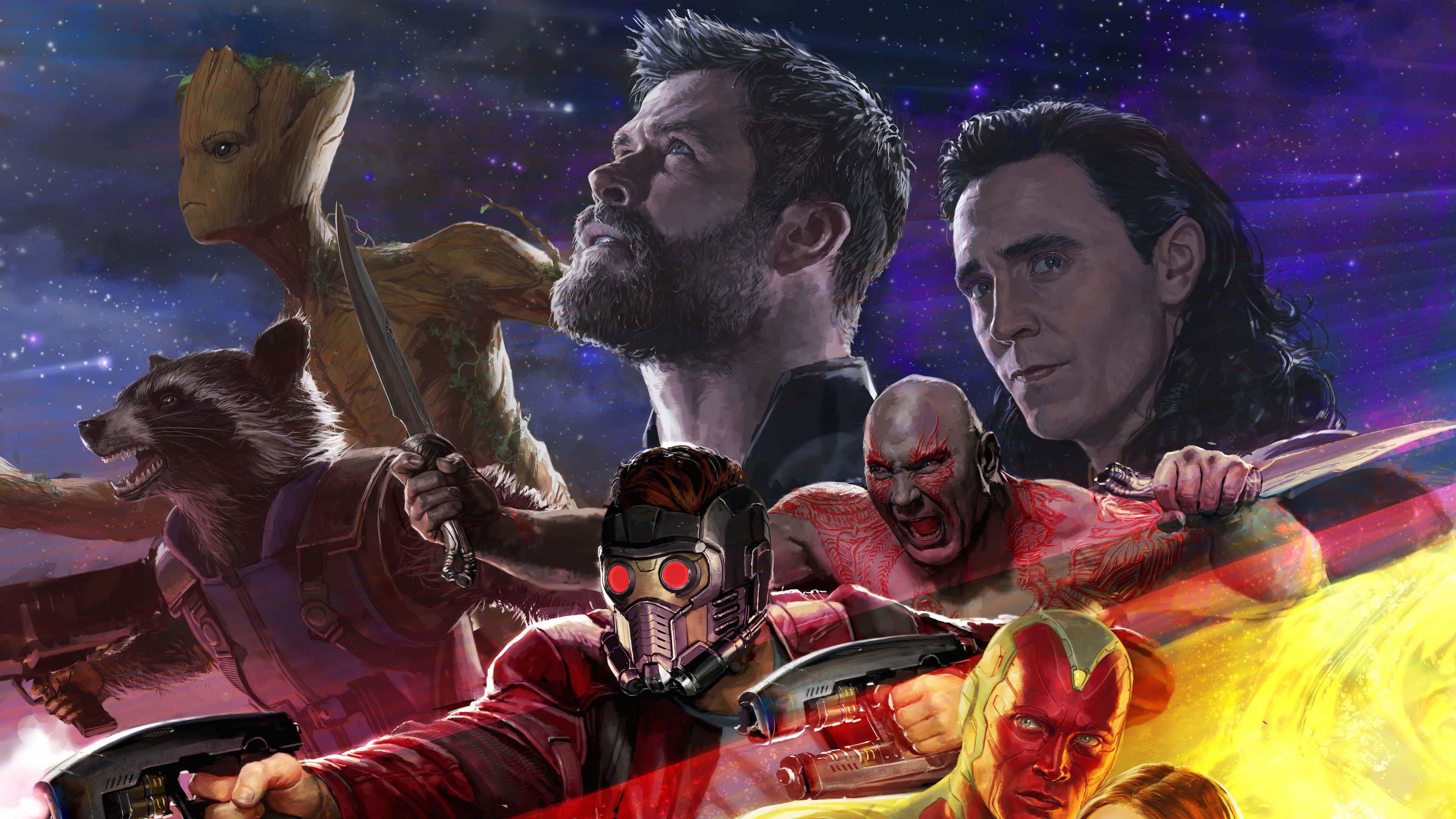Thor, Loki, Groot, Rocket, Drax, Star-Lord, and Vision from Marvel HD Wallpaper