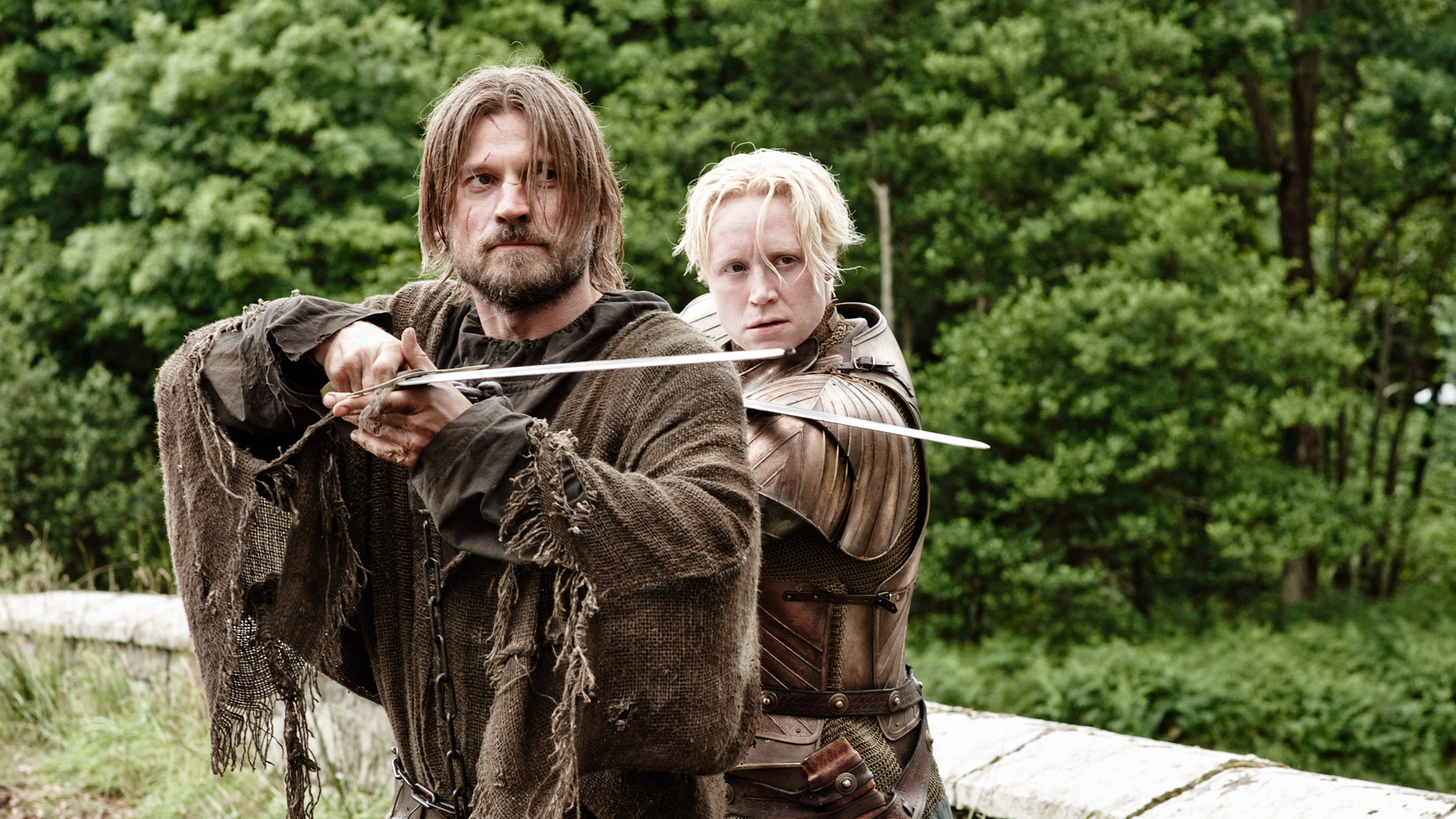 Jaime Lannister and Brienne of Tarth with swords HD Wallpaper