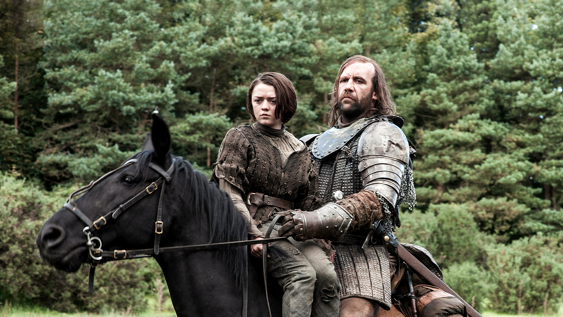 Arya Stark and Sandor Clegane from Game of Thrones on horseback HD Wallpaper