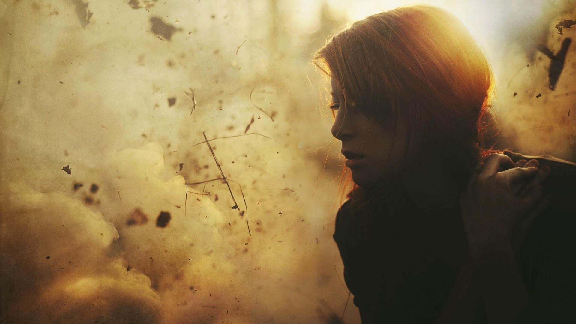 Woman in silhouette with sunlight and dust HD Wallpaper
