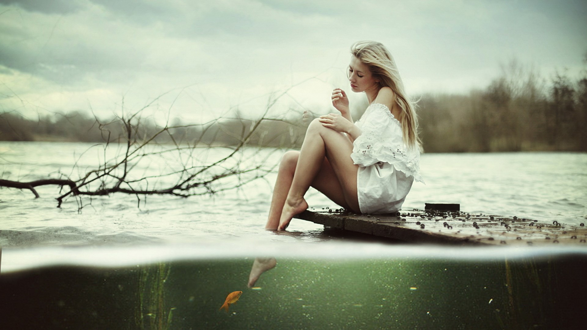Woman sitting on a dock with a goldfish below HD Wallpaper