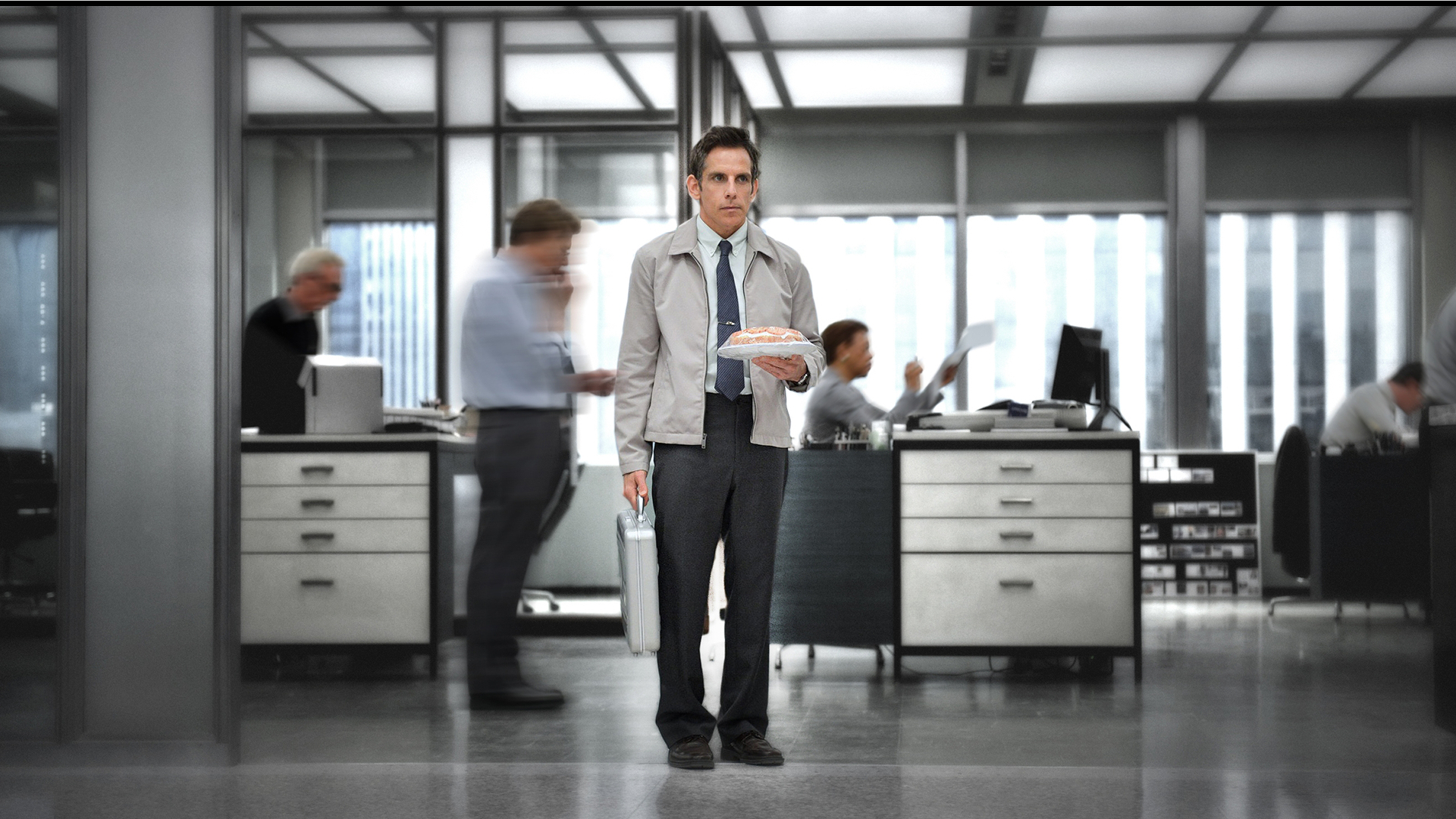 Ben Stiller in an office holding a cake HD Wallpaper