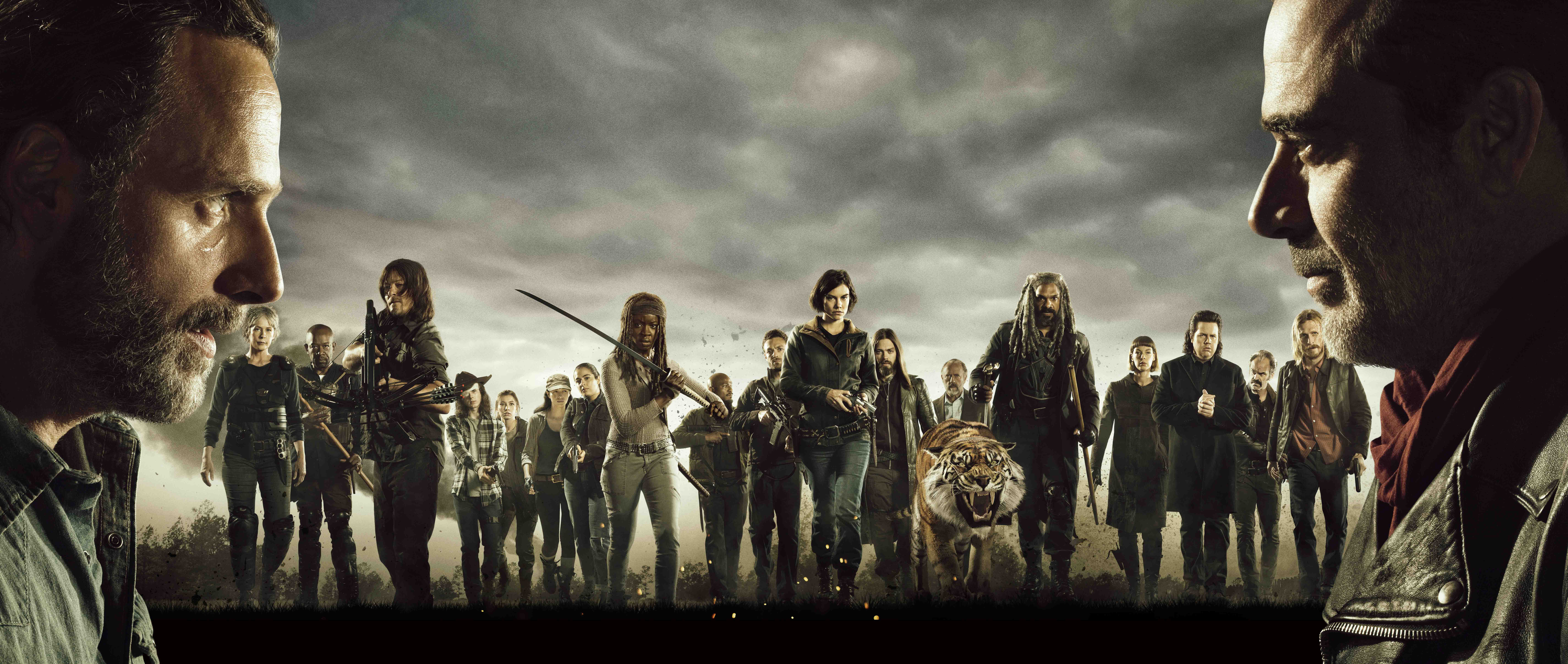 The Walking Dead characters with Rick and Negan in foreground HD Wallpaper