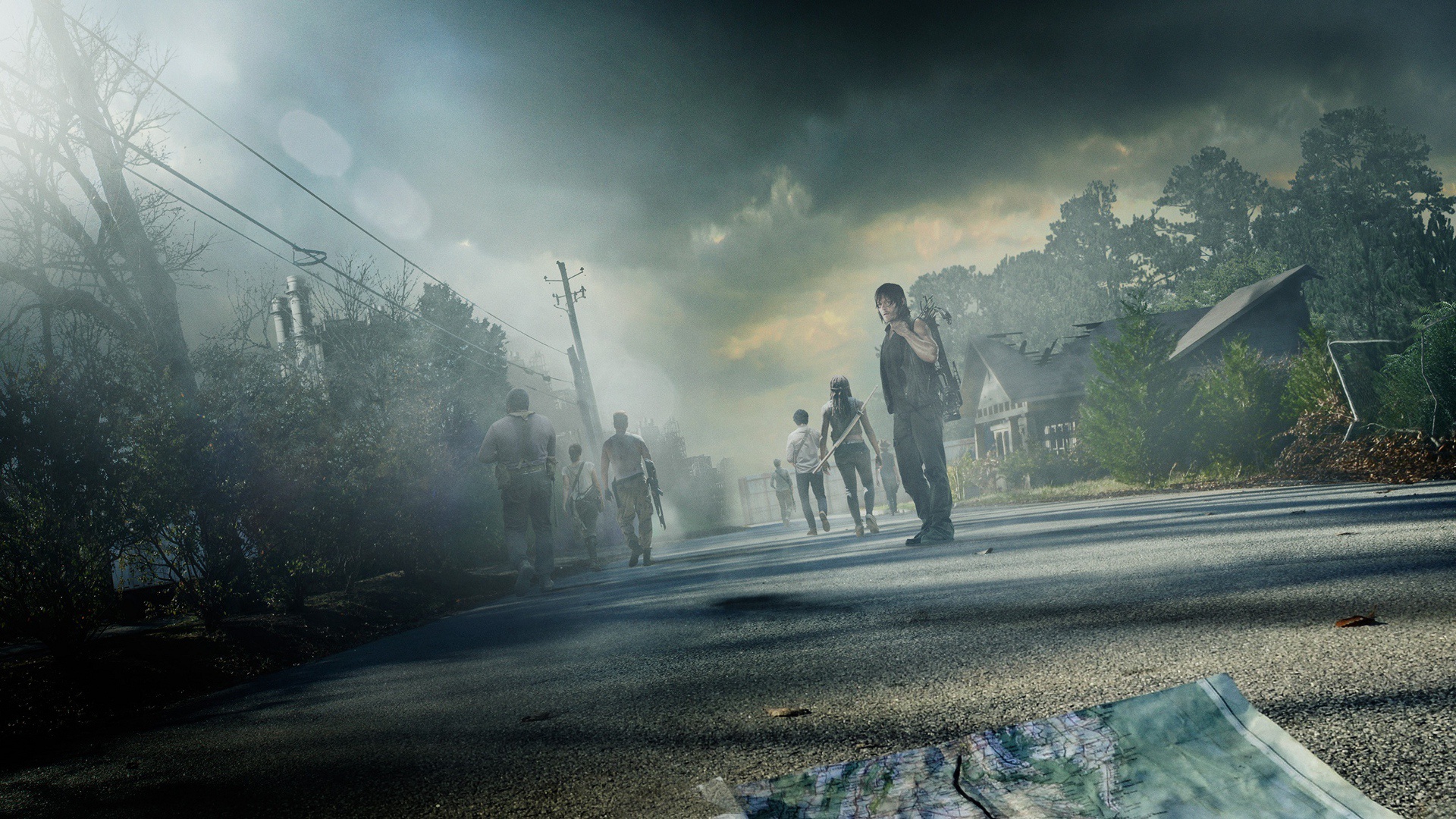 Norman Reedus and zombies on a street HD Wallpaper