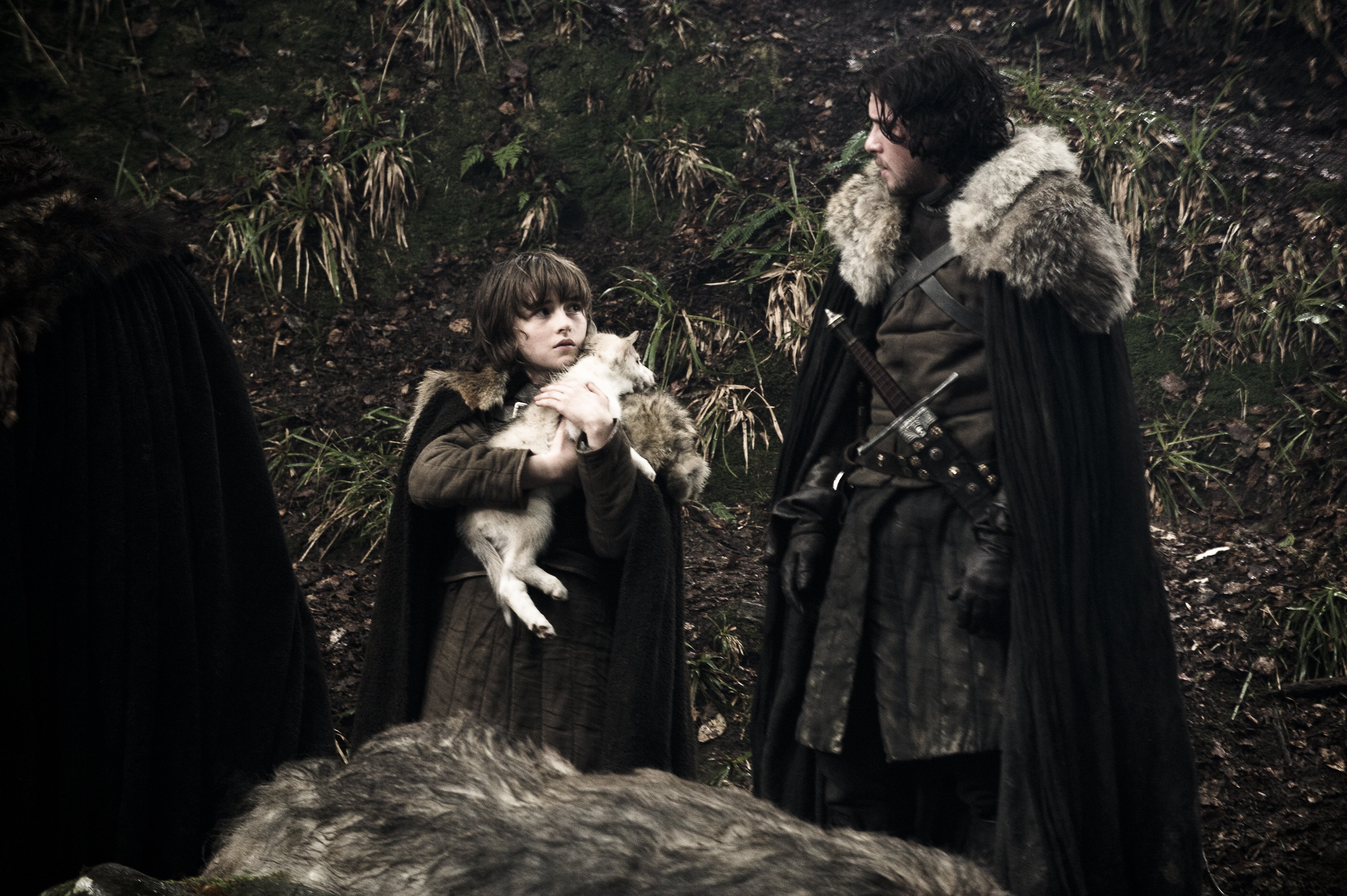 Bran Stark and Jon Snow with Direwolf Pup HD Wallpaper