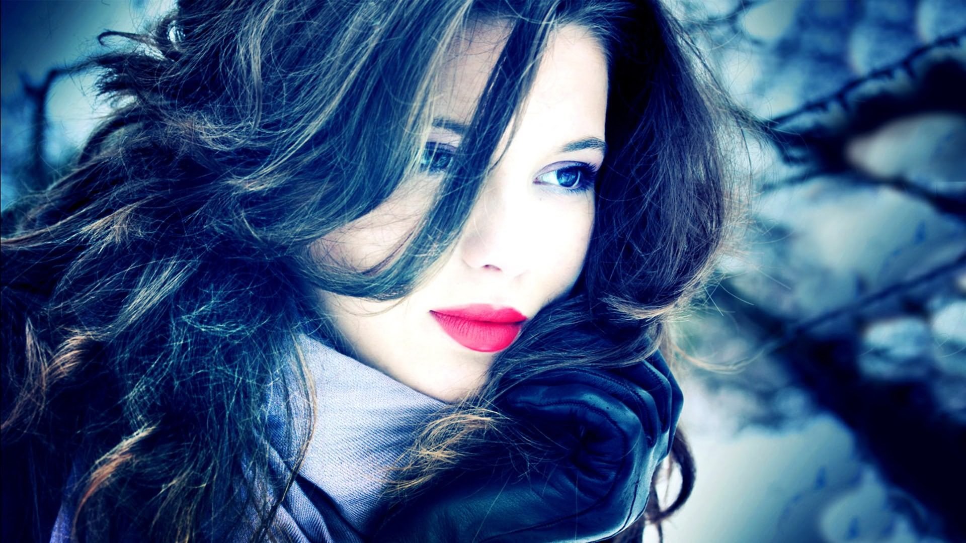 Woman with dark hair and red lipstick HD Wallpaper