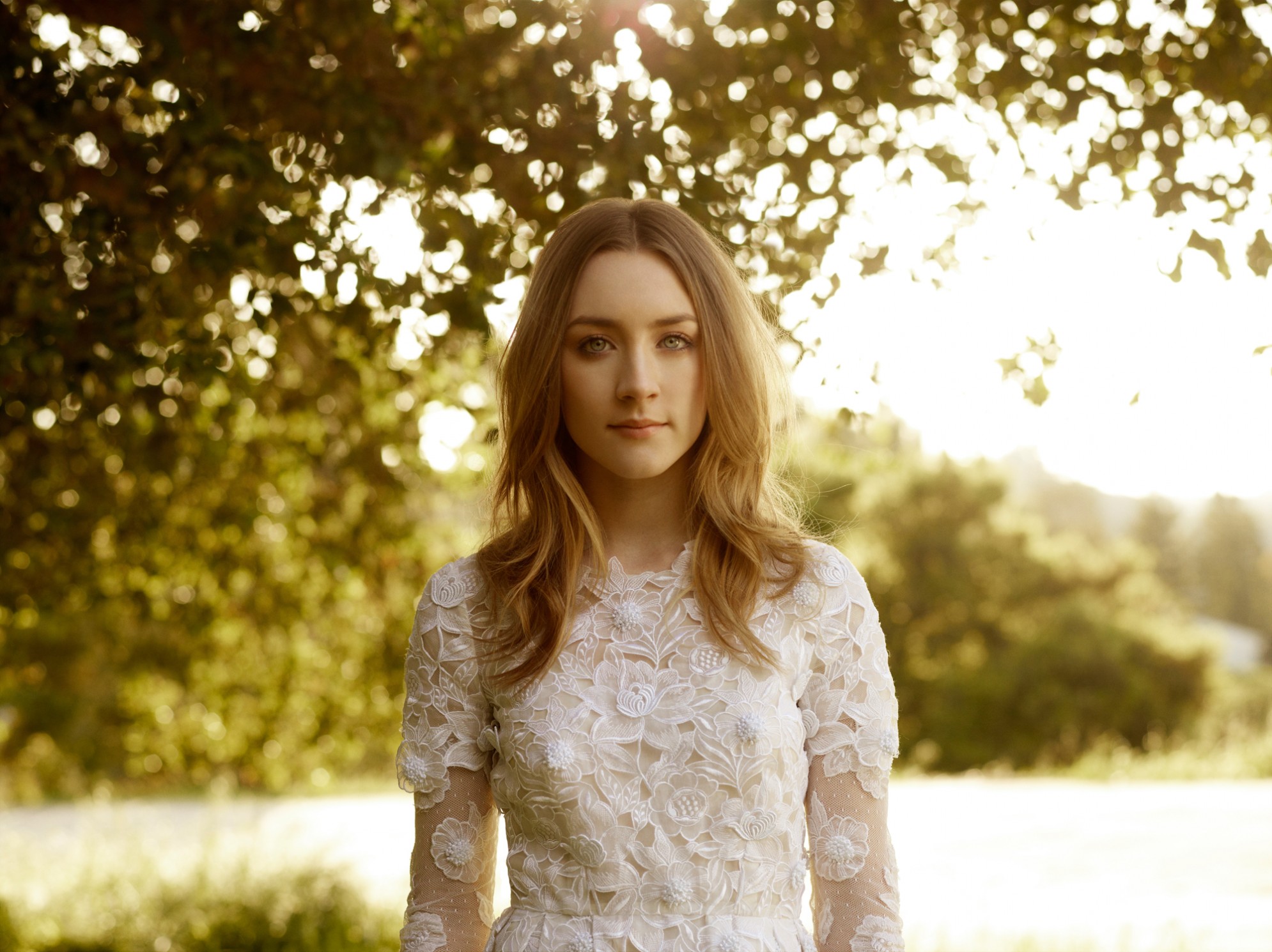 Saoirse Ronan in white lace dress outdoors HD Wallpaper