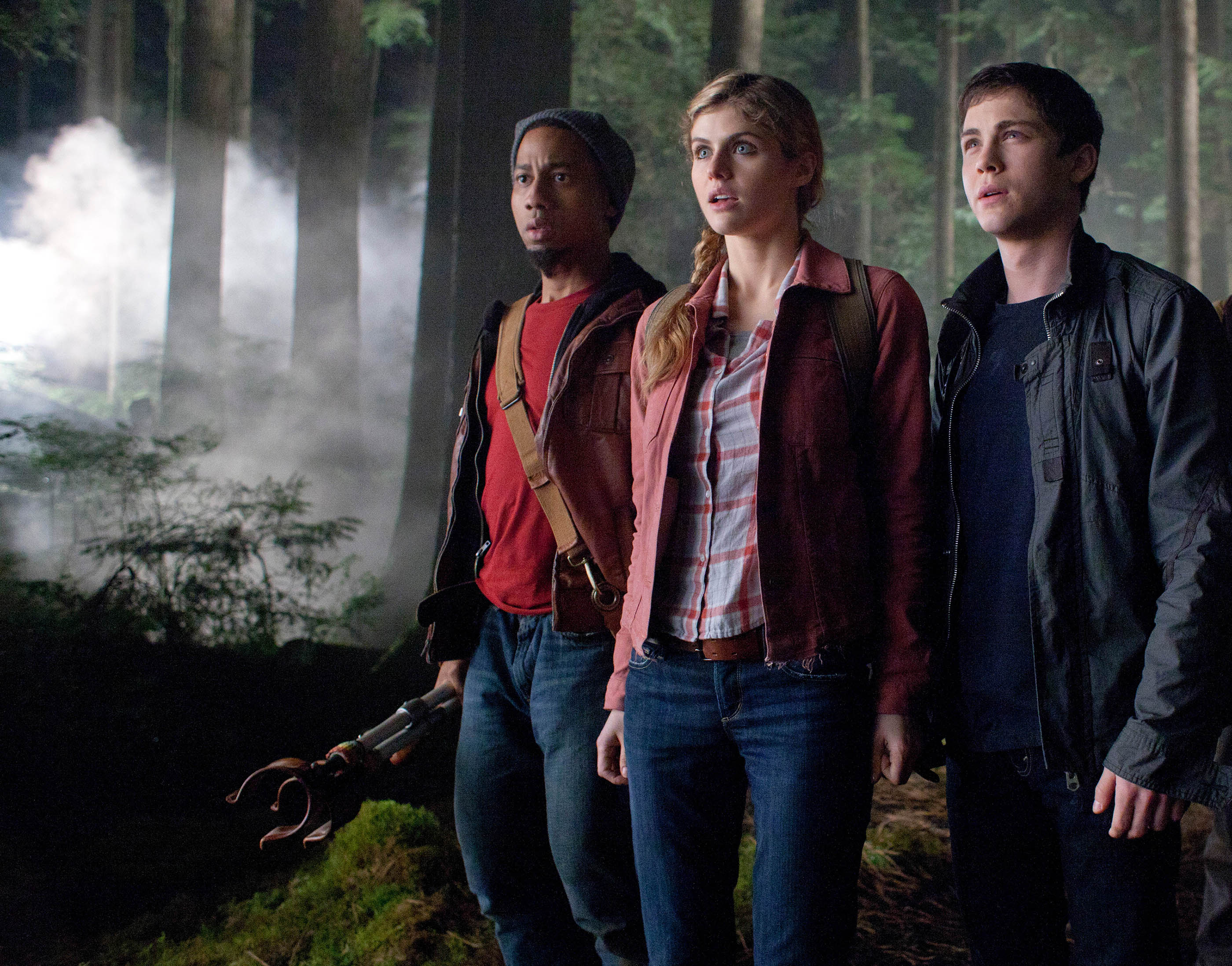 Alexandra Daddario and two men in a forest HD Wallpaper