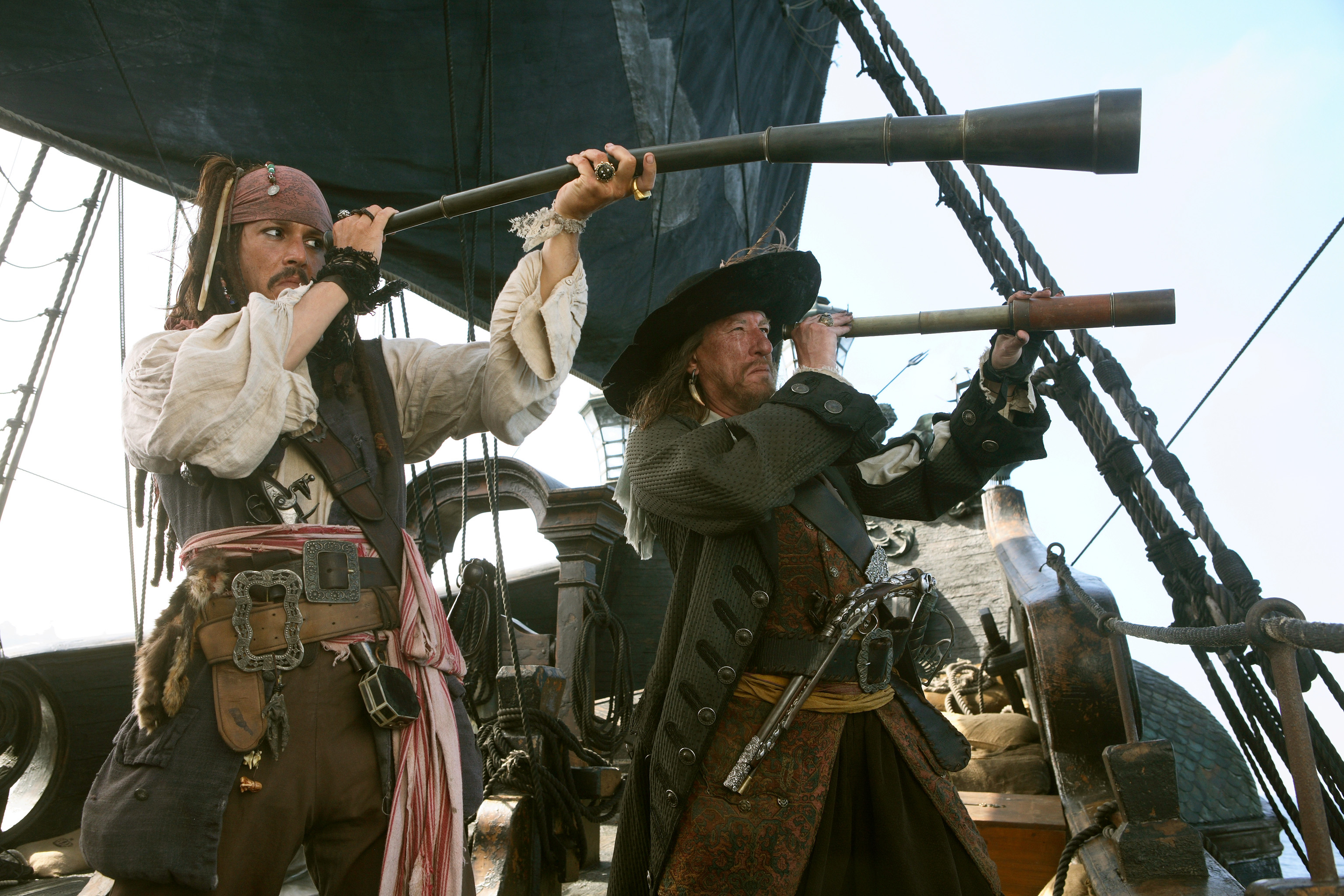 Captain Jack Sparrow and Captain Barbossa on a ship HD Wallpaper