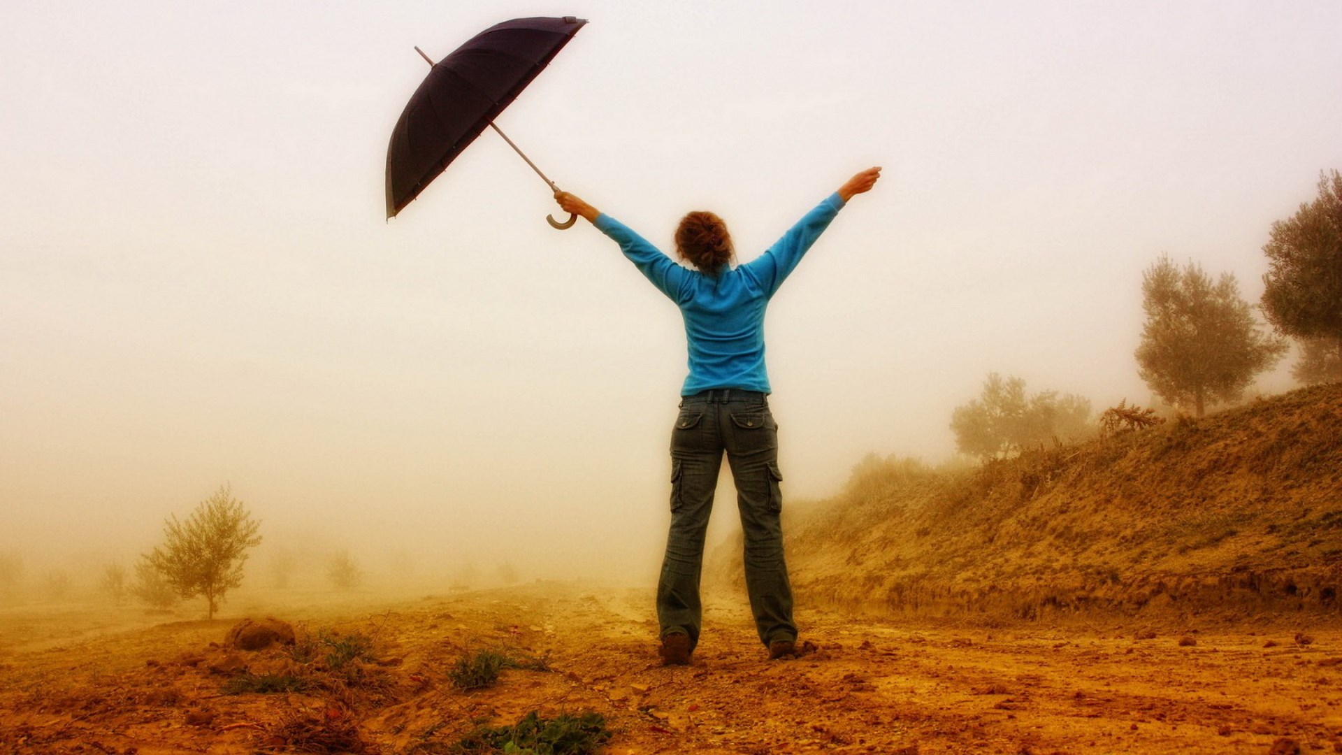Woman with umbrella in foggy landscape HD Wallpaper