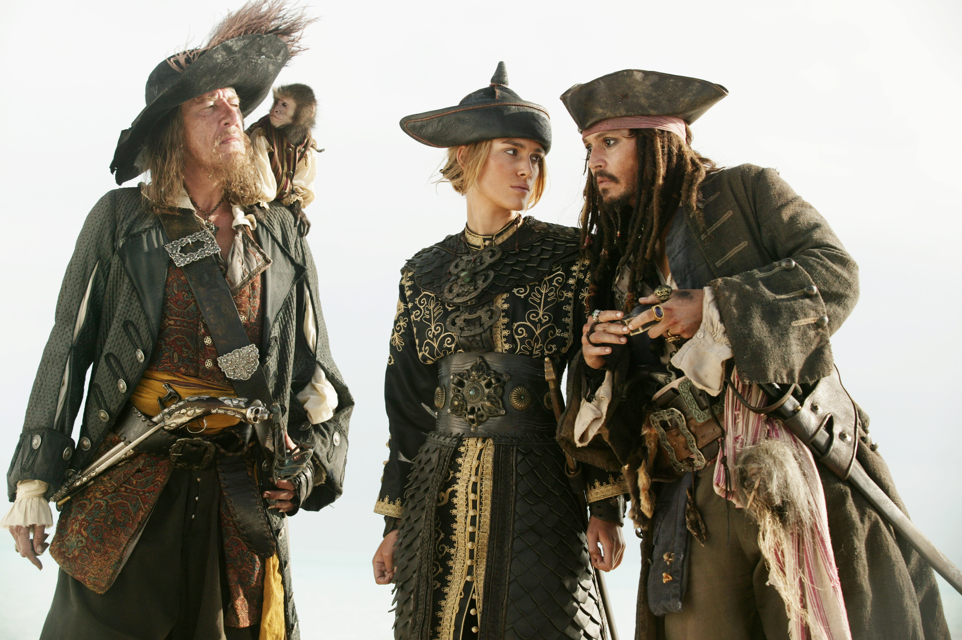 Geoffrey Rush, Keira Knightley, Johnny Depp in Pirates of the Caribbean HD Wallpaper