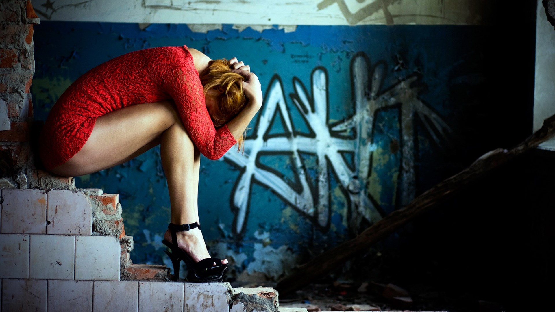 Woman in red dress sitting on broken stairs HD Wallpaper