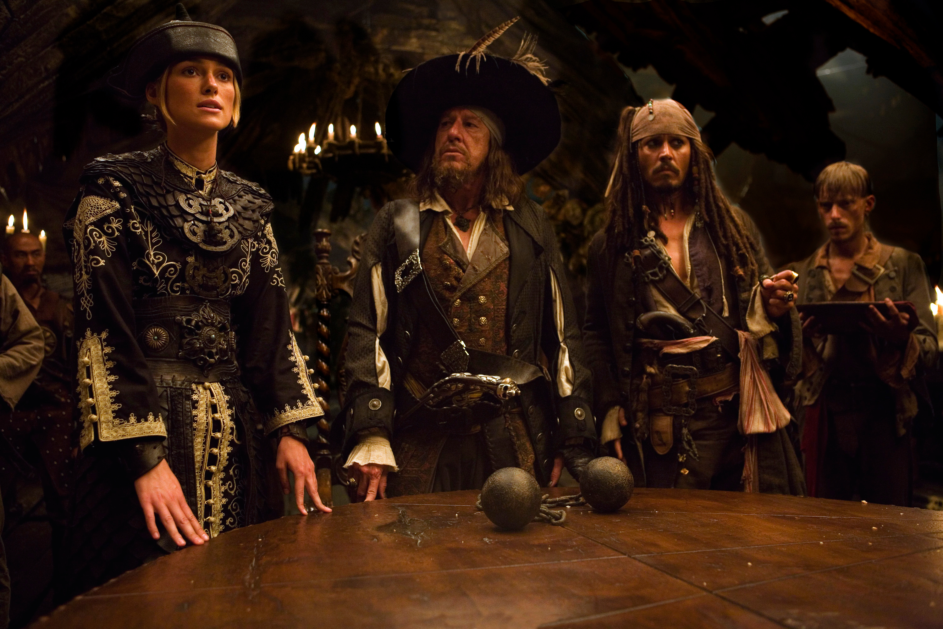 Captain Barbossa, Elizabeth Swann, and Jack Sparrow from Pirates of the Caribbean HD Wallpaper