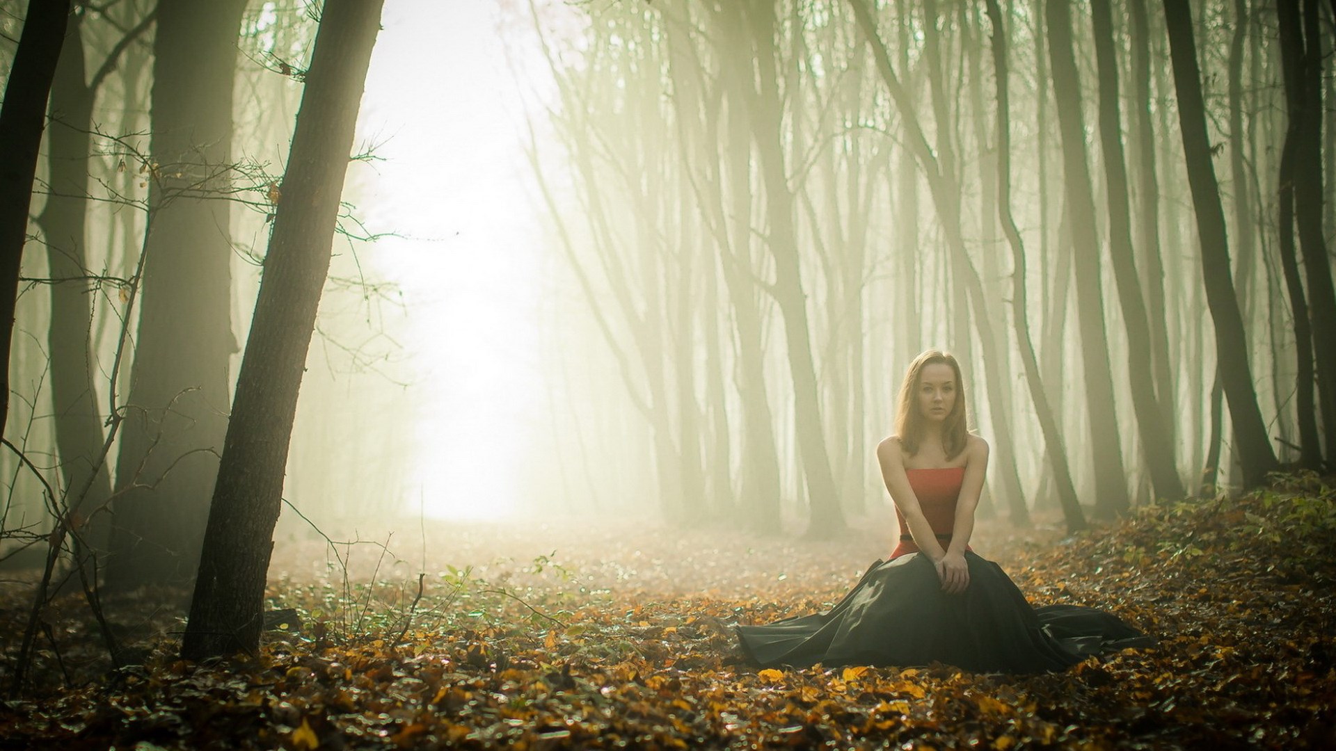 Woman in red dress sitting in foggy forest HD Wallpaper