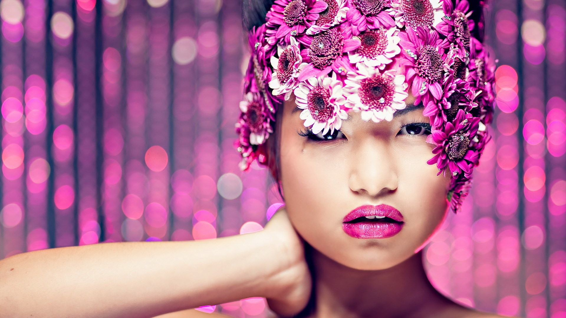 Woman with pink flowers on her head HD Wallpaper