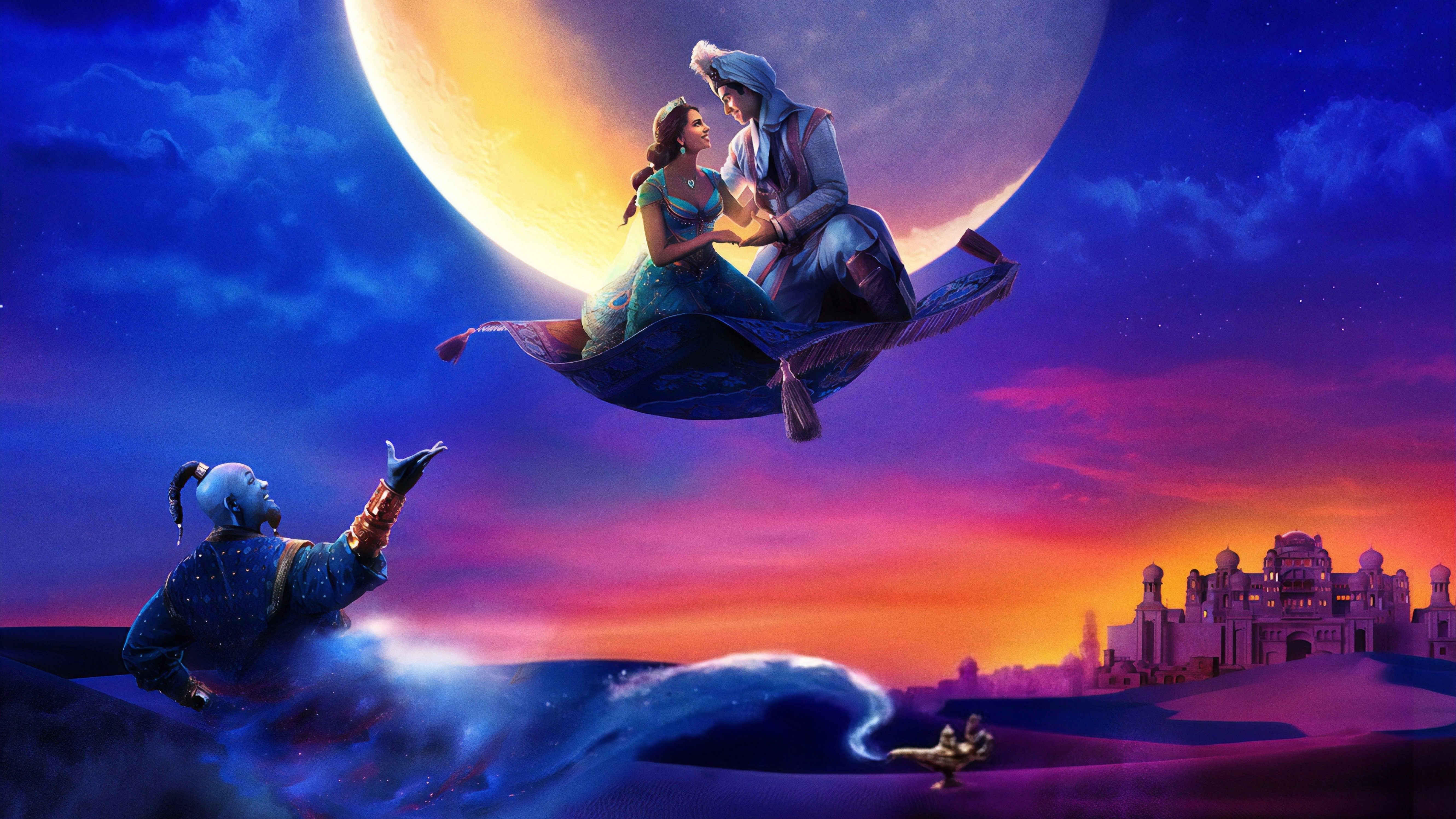 Aladdin and Jasmine flying on a magic carpet with Genie HD Wallpaper