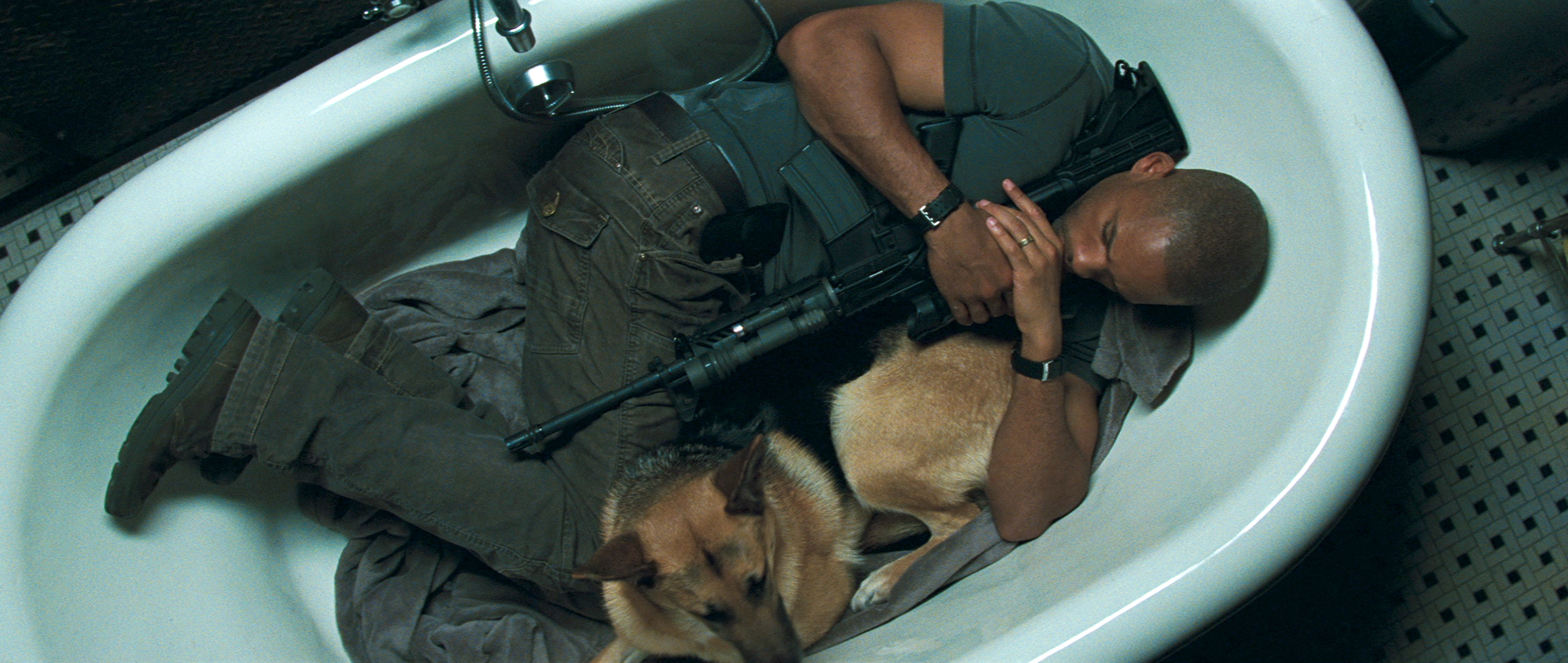 Will Smith with a dog and rifle in a bathtub HD Wallpaper