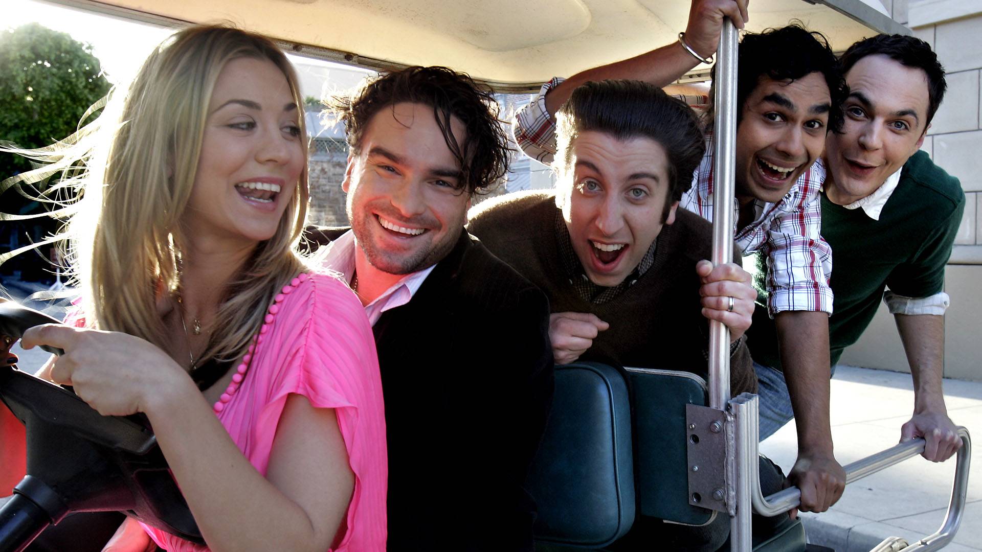 The Big Bang Theory cast in a golf cart HD Wallpaper