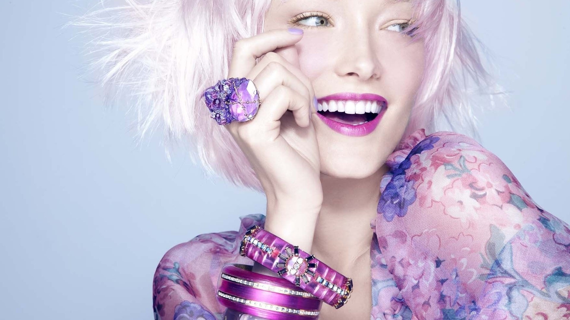 Woman with pink hair and purple jewelry HD Wallpaper