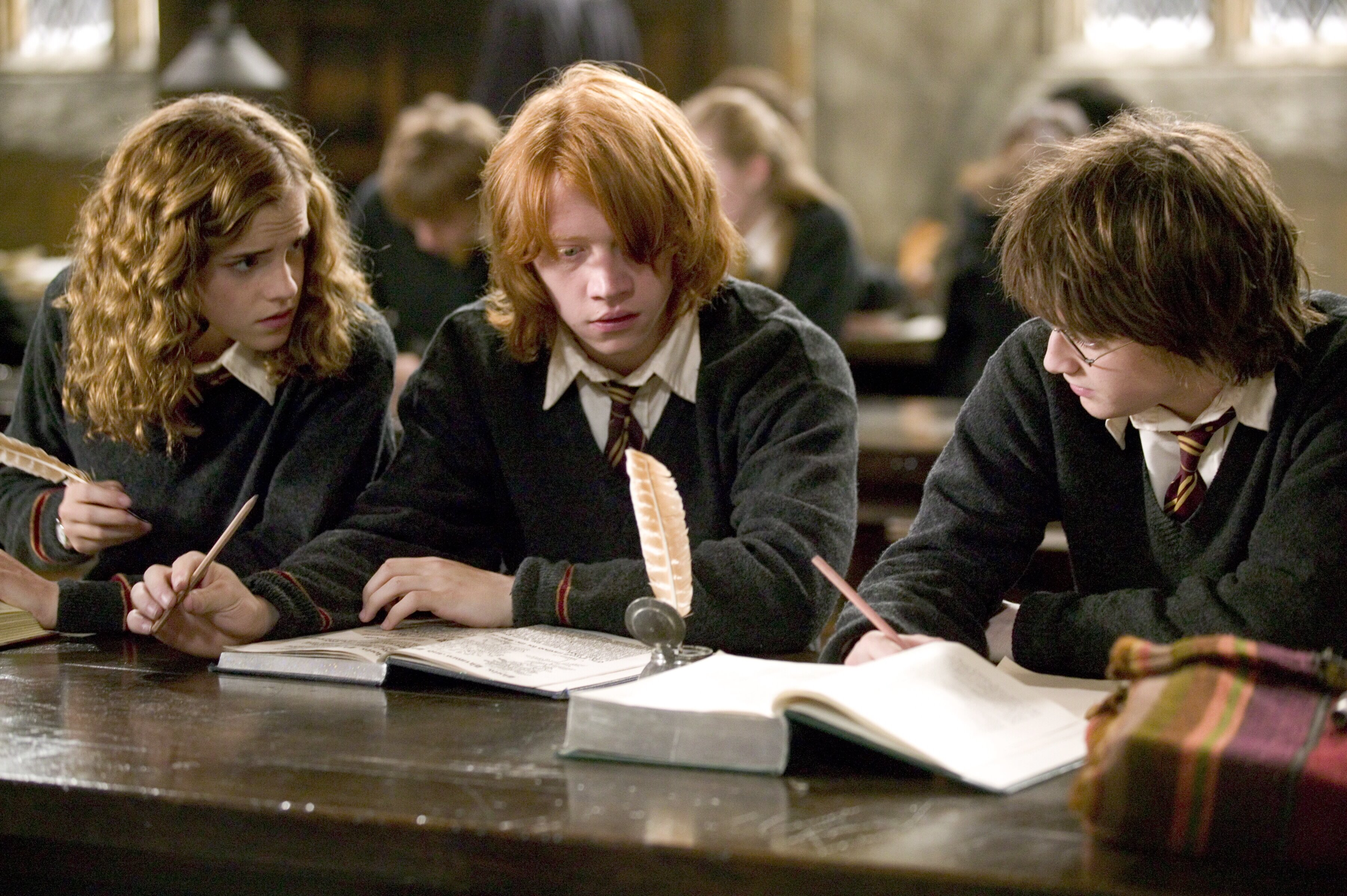 Harry Potter, Ron Weasley, and Hermione Granger in class HD Wallpaper