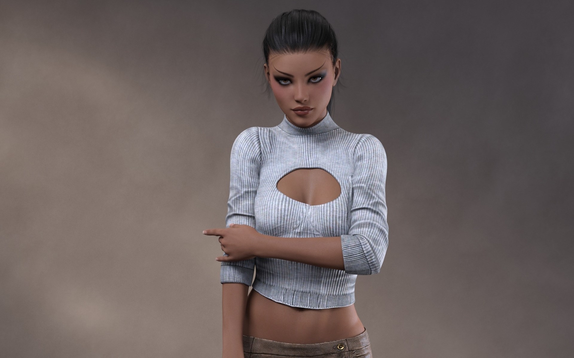 Woman in a light blue sweater pointing to the left HD Wallpaper