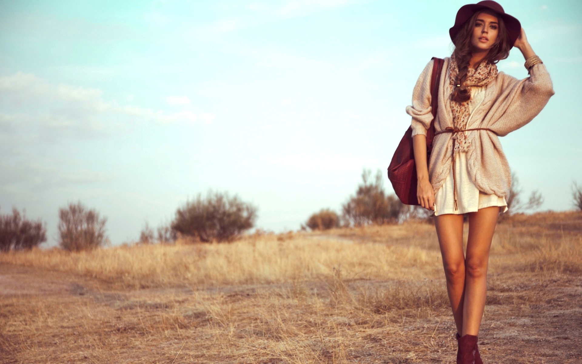 Clara Alonso walking in a field HD Wallpaper