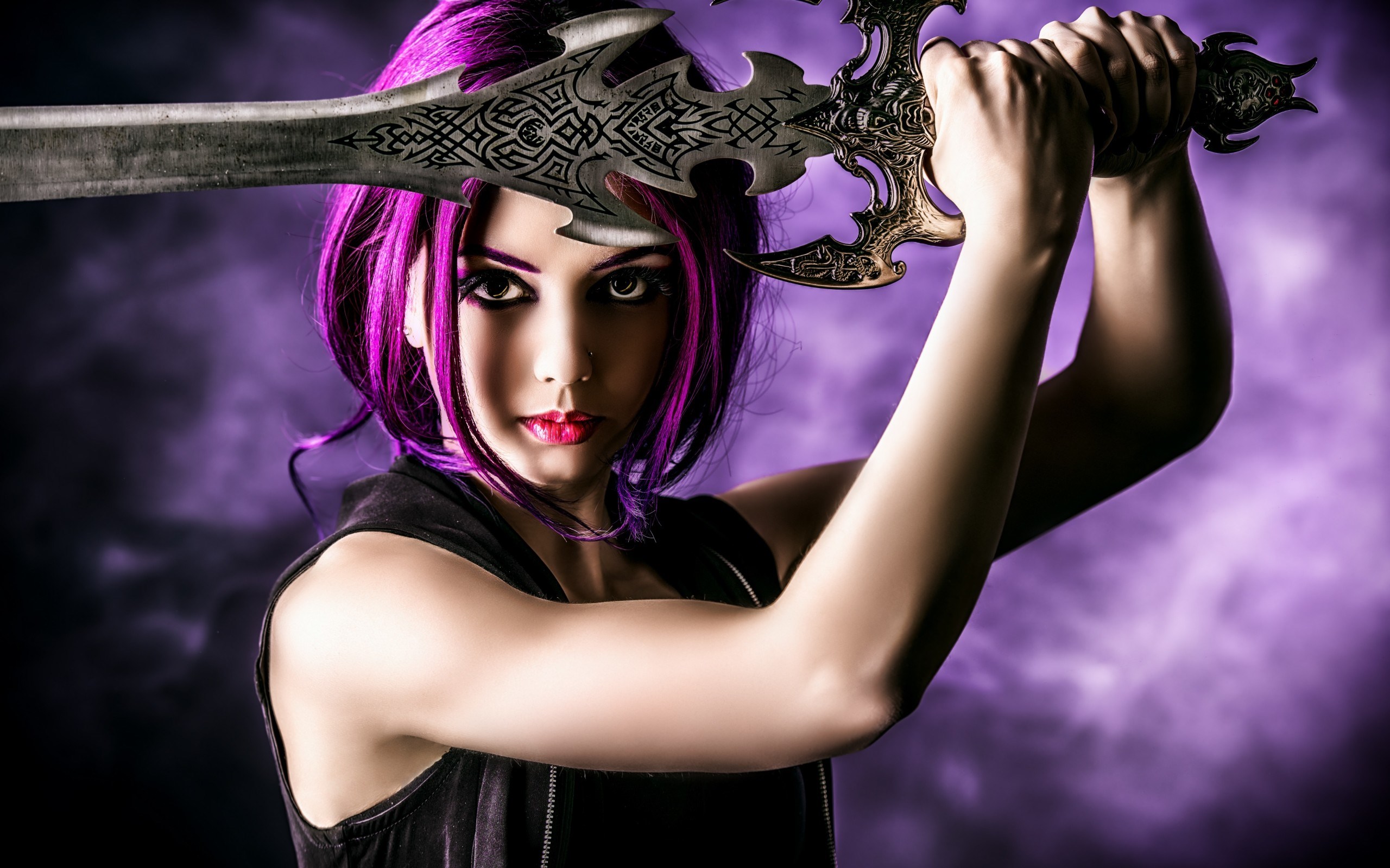 Woman with purple hair holding a sword HD Wallpaper