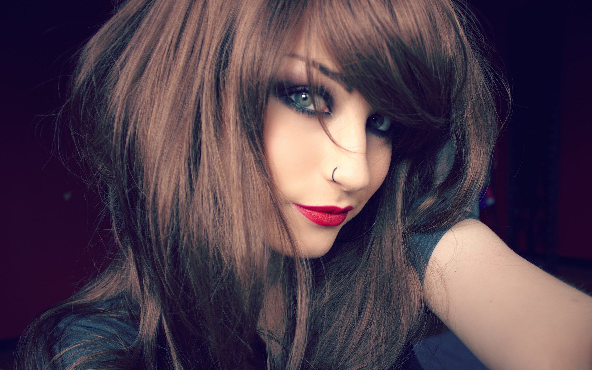 Woman with brown hair and red lipstick HD Wallpaper