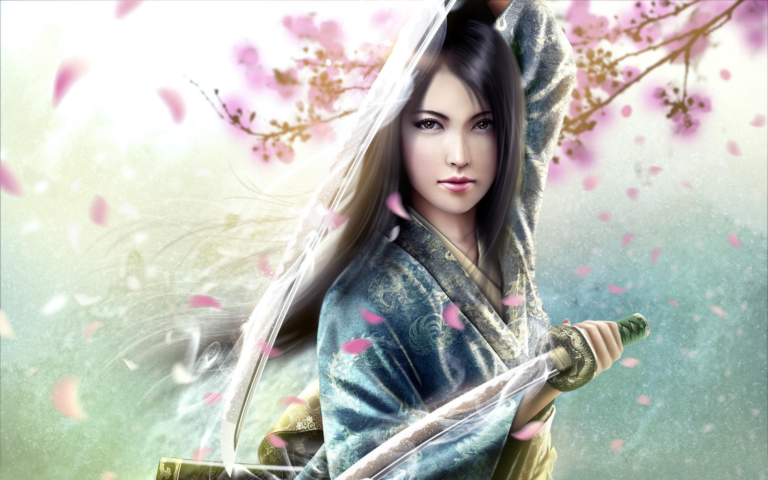 Woman with sword and cherry blossoms HD Wallpaper
