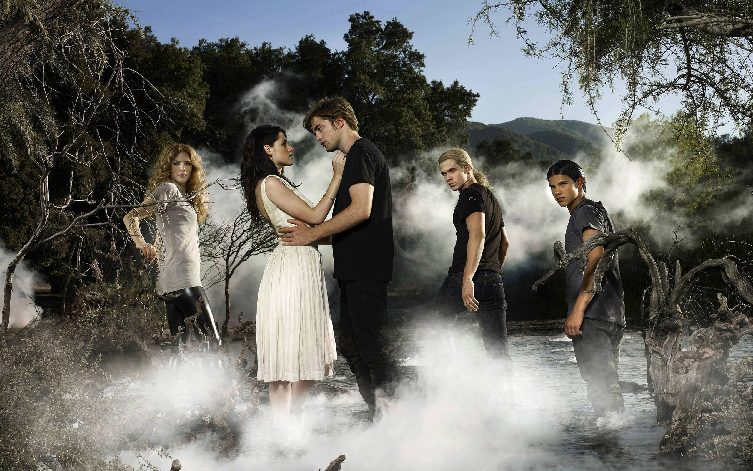 Twilight Saga characters in a misty forest HD Wallpaper