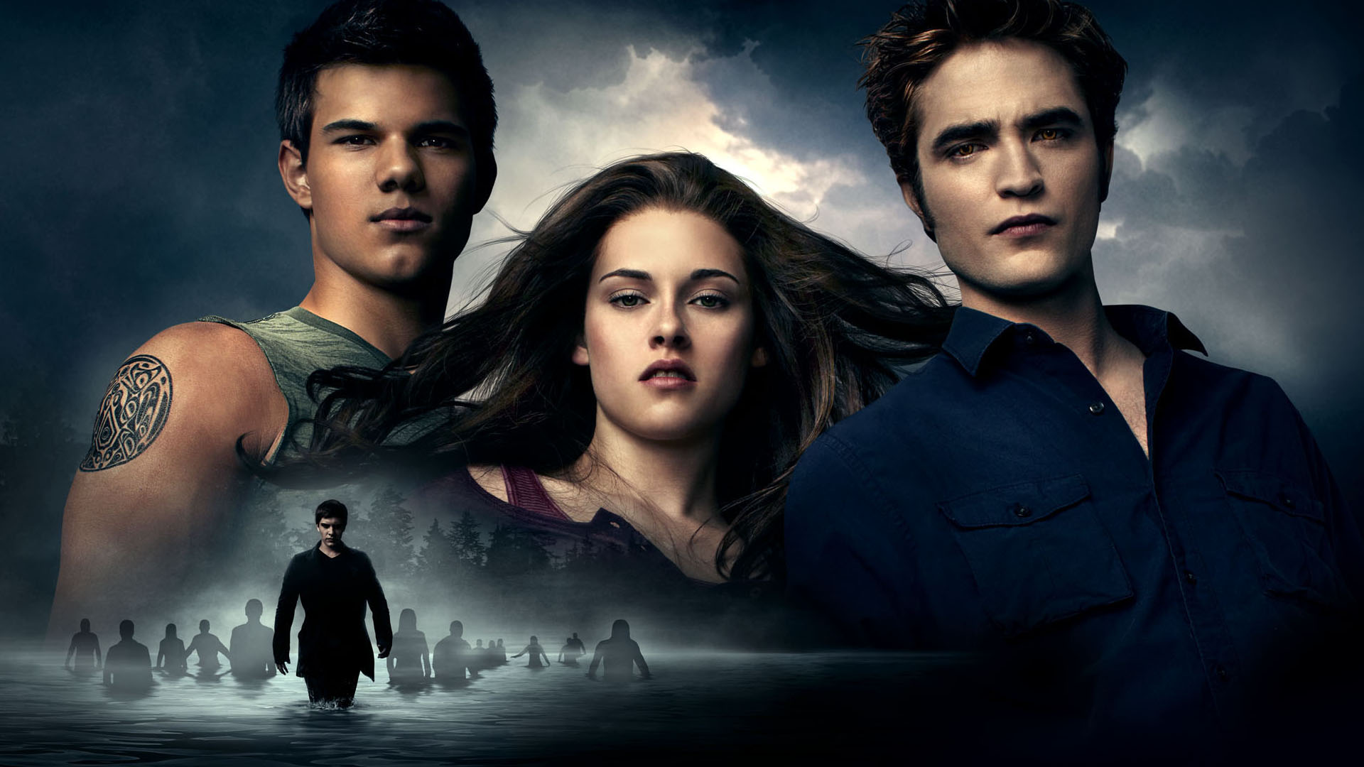 Robert Pattinson, Kristen Stewart, and Taylor Lautner from Twilight HD Wallpaper