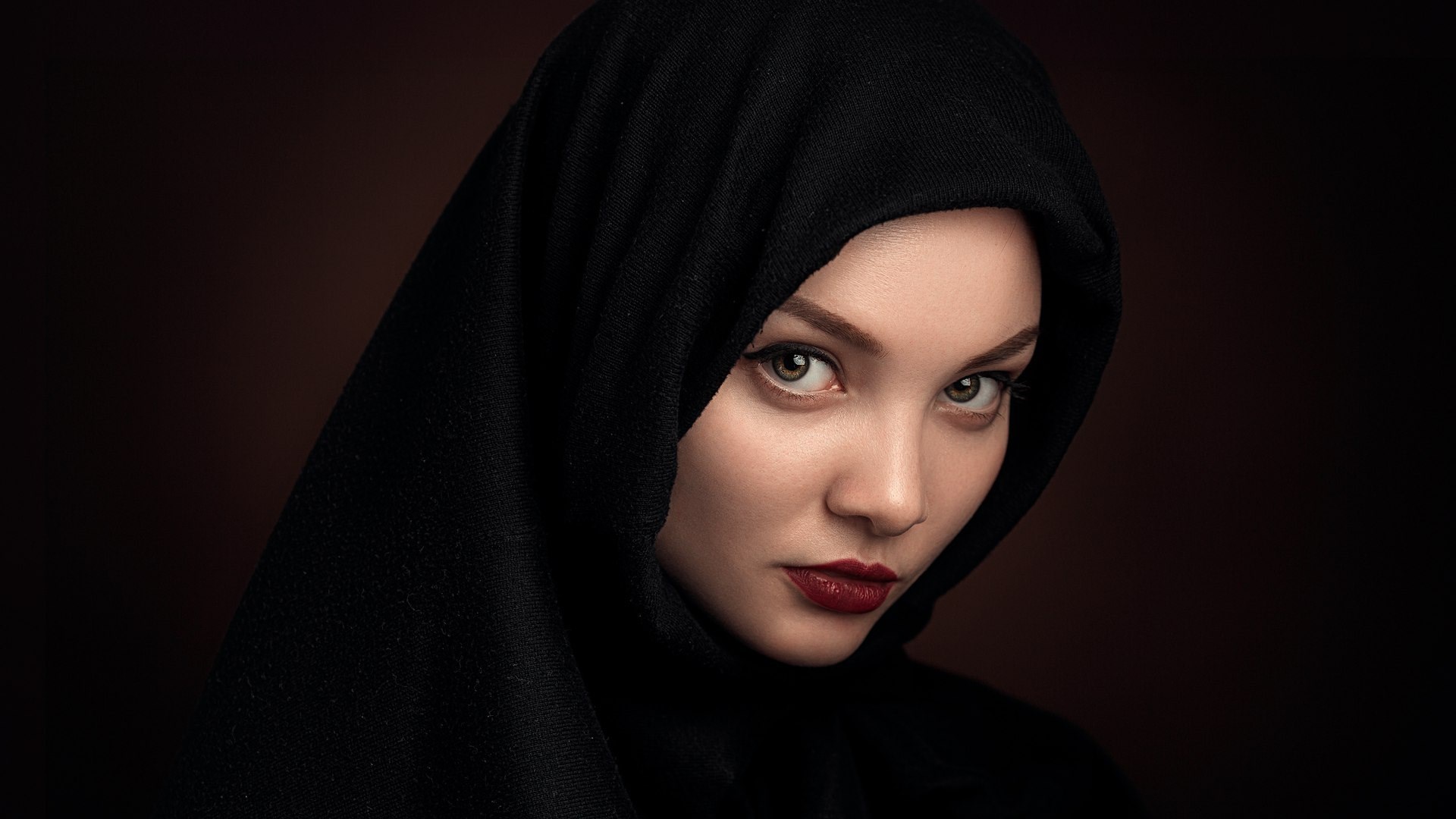 Woman in black hijab with dark red lipstick HD Wallpaper