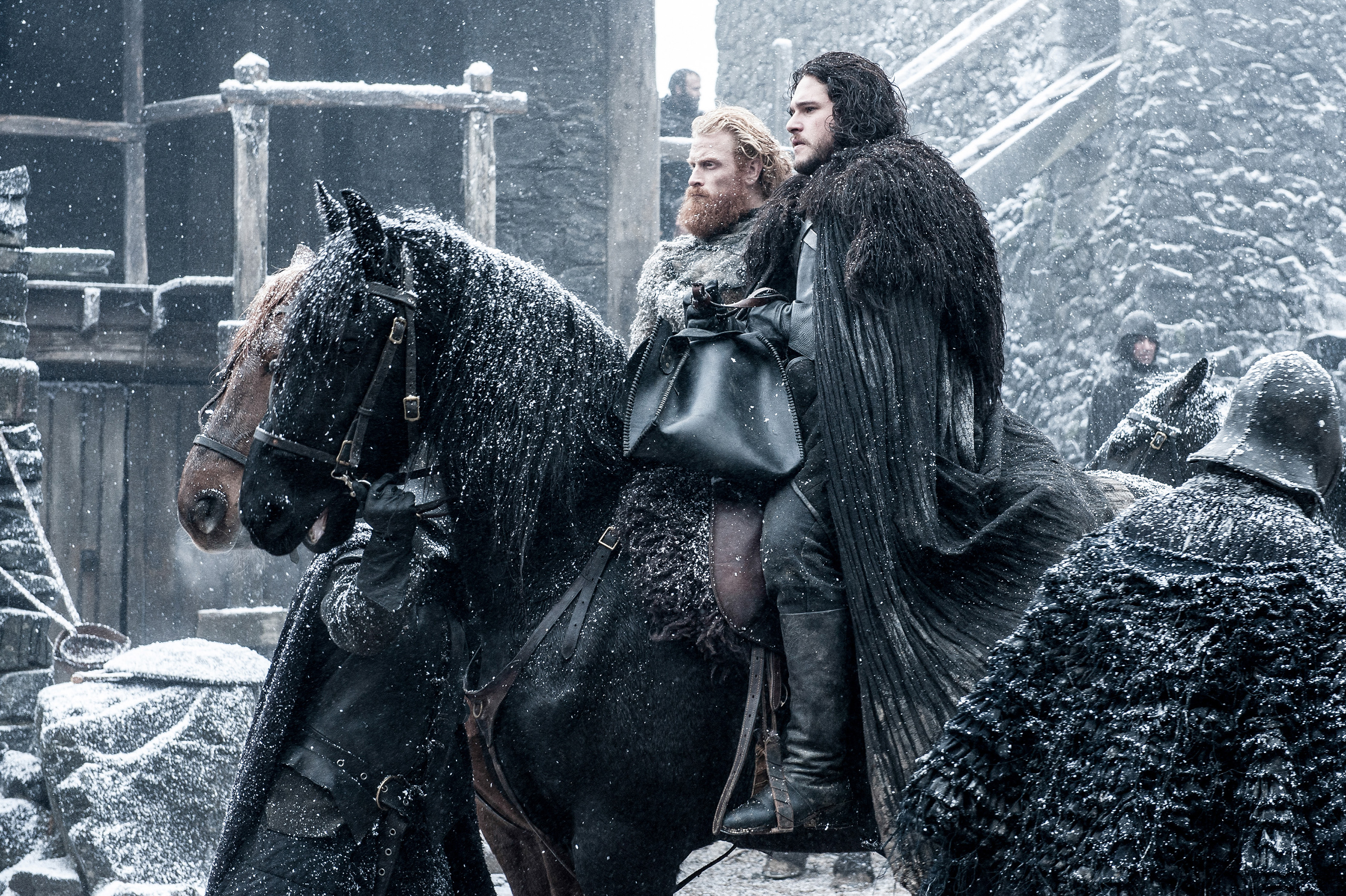 Jon Snow and Tormund Giantsbane on horseback in the snow HD Wallpaper
