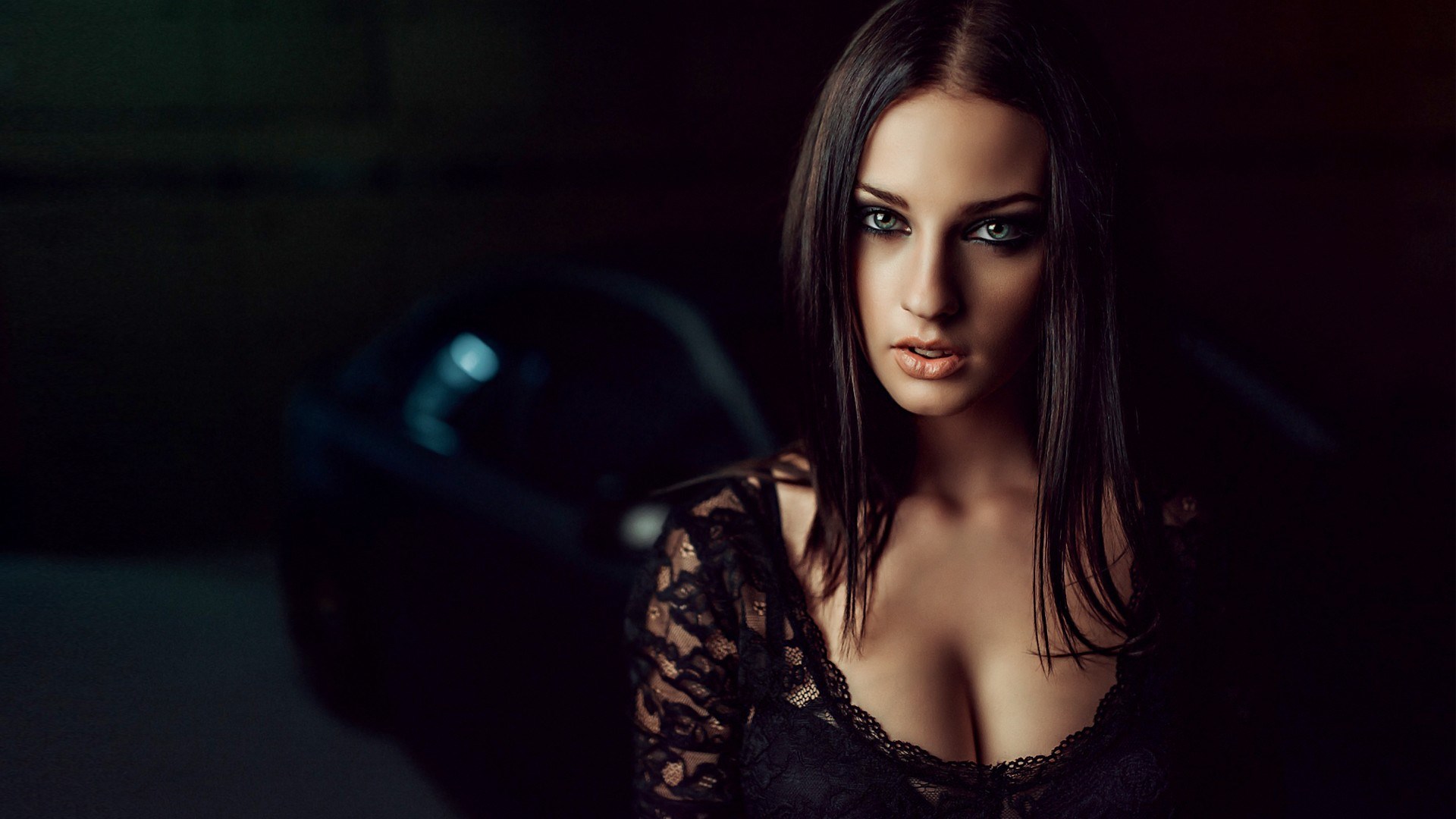 Woman in black lace dress with car HD Wallpaper