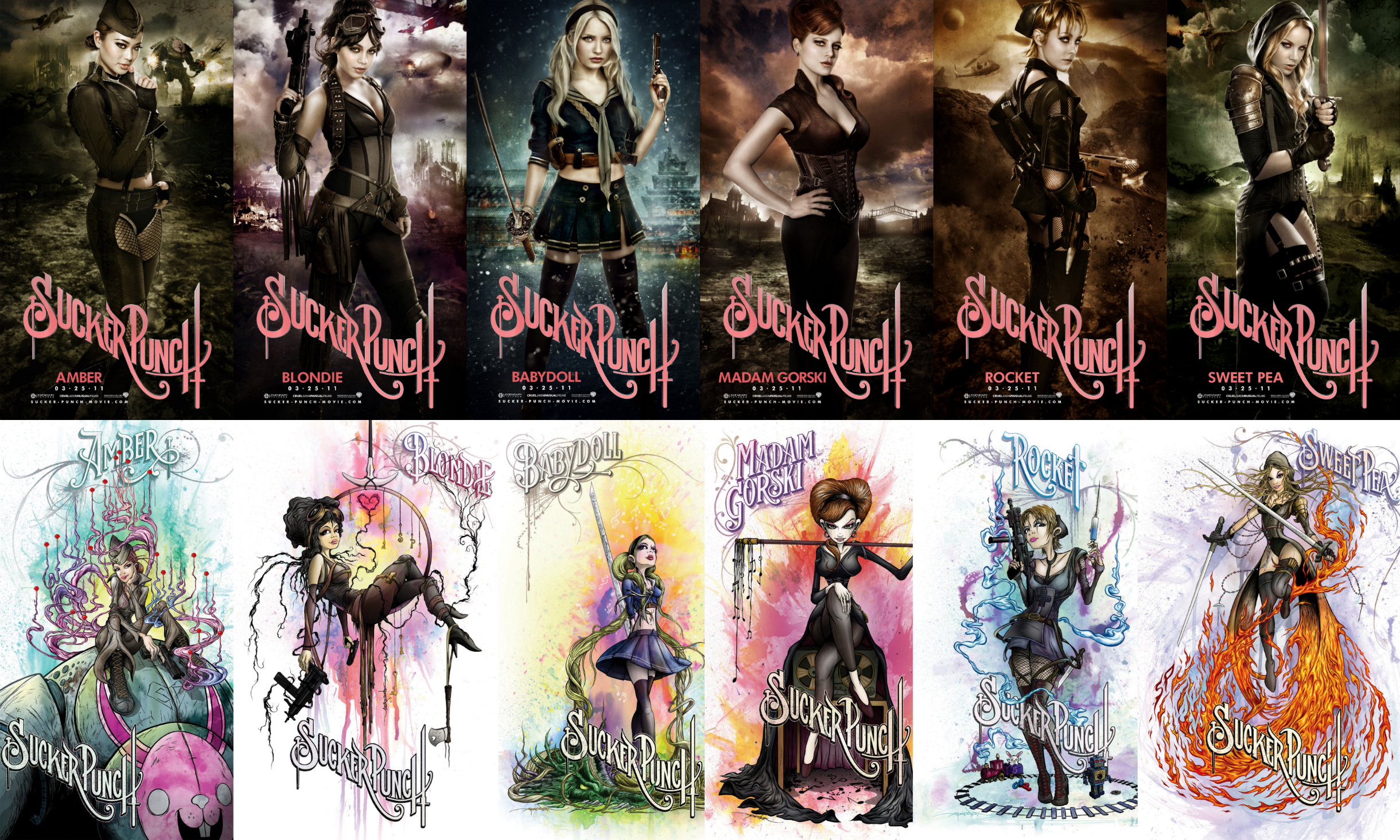 Sucker Punch movie posters featuring Amber, Blondie, Babydoll, Madam Gorski, Rocket, and Sweet Pea HD Wallpaper
