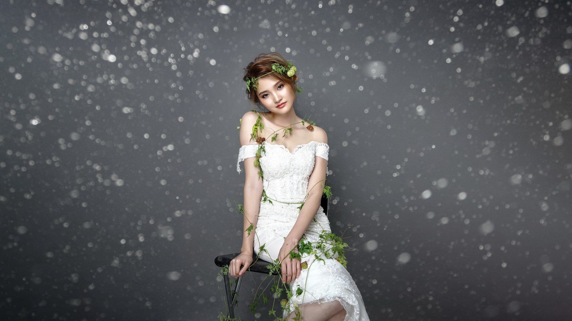 Woman in white dress with vines HD Wallpaper