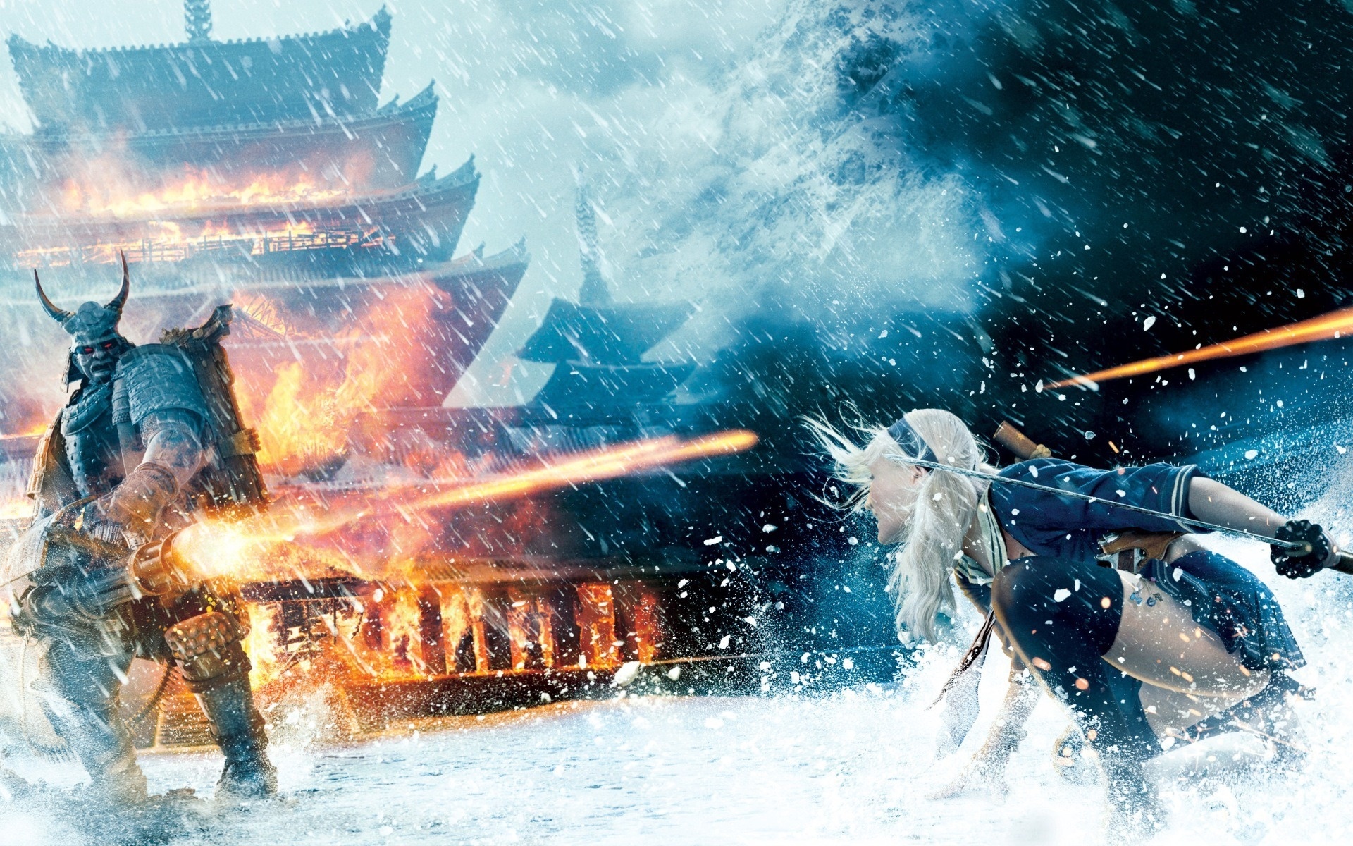 Samurai Warrior and Girl Fighting in Snow HD Wallpaper