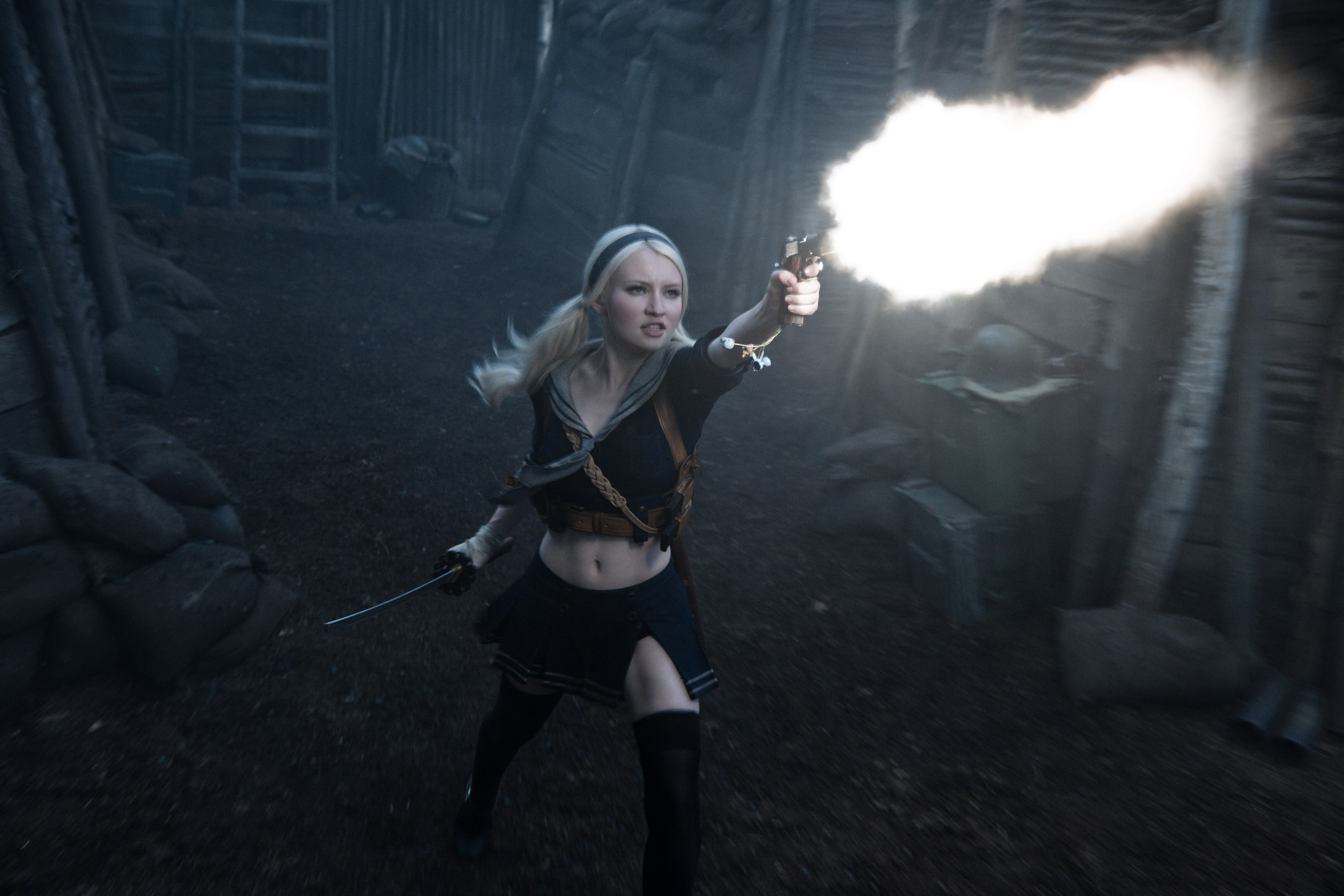 Emily Browning firing a gun HD Wallpaper