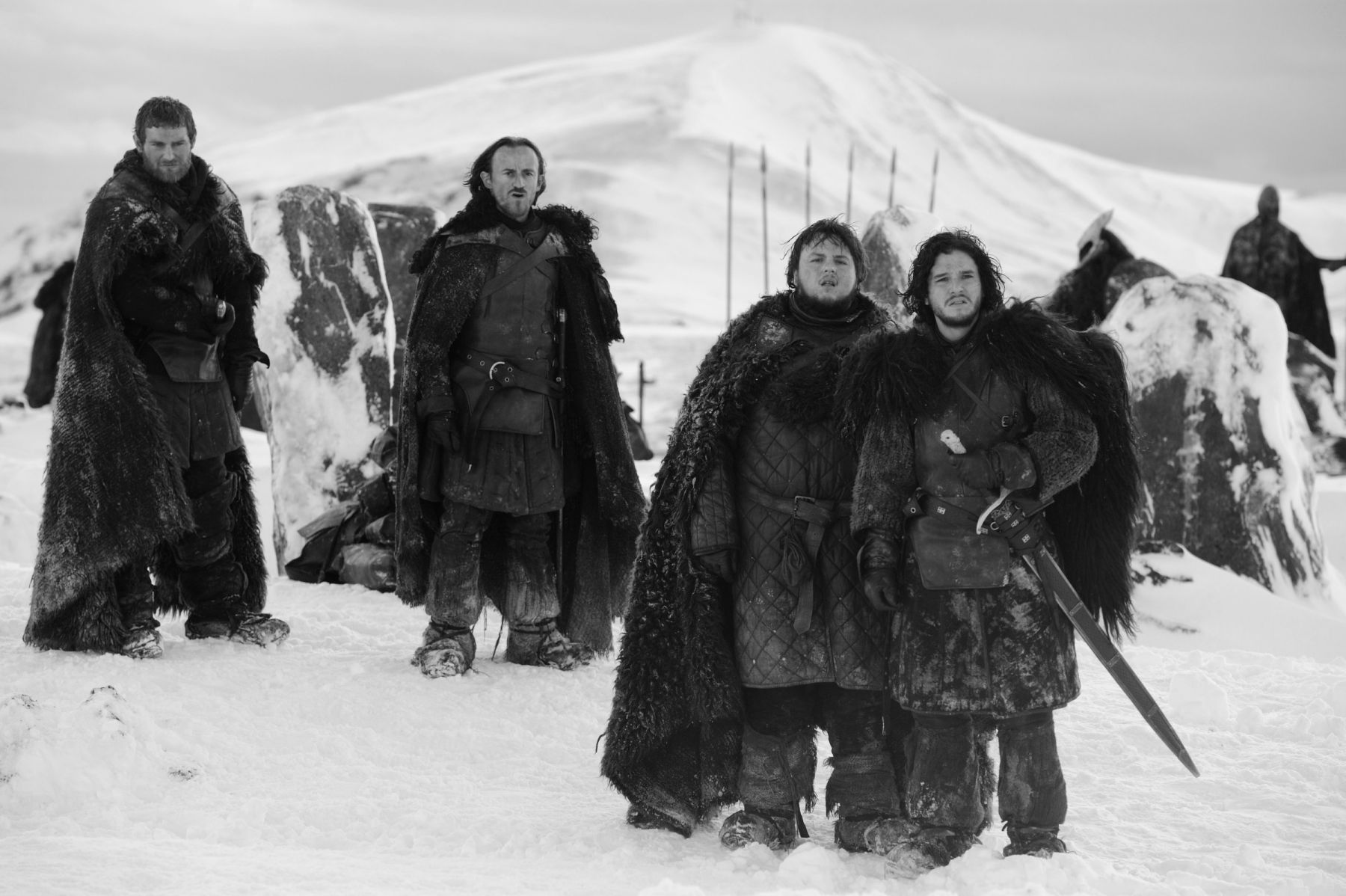 Four men in fur cloaks in a snowy landscape HD Wallpaper