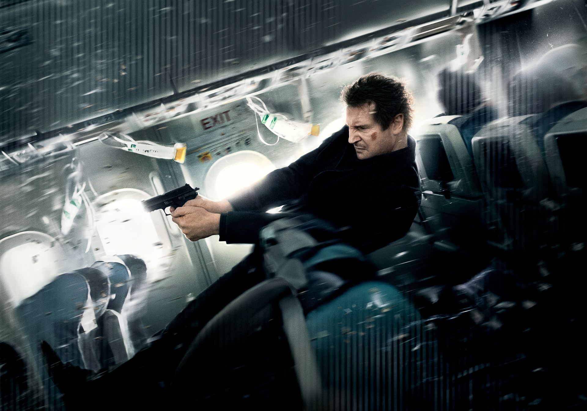 Liam Neeson on a plane with a gun HD Wallpaper