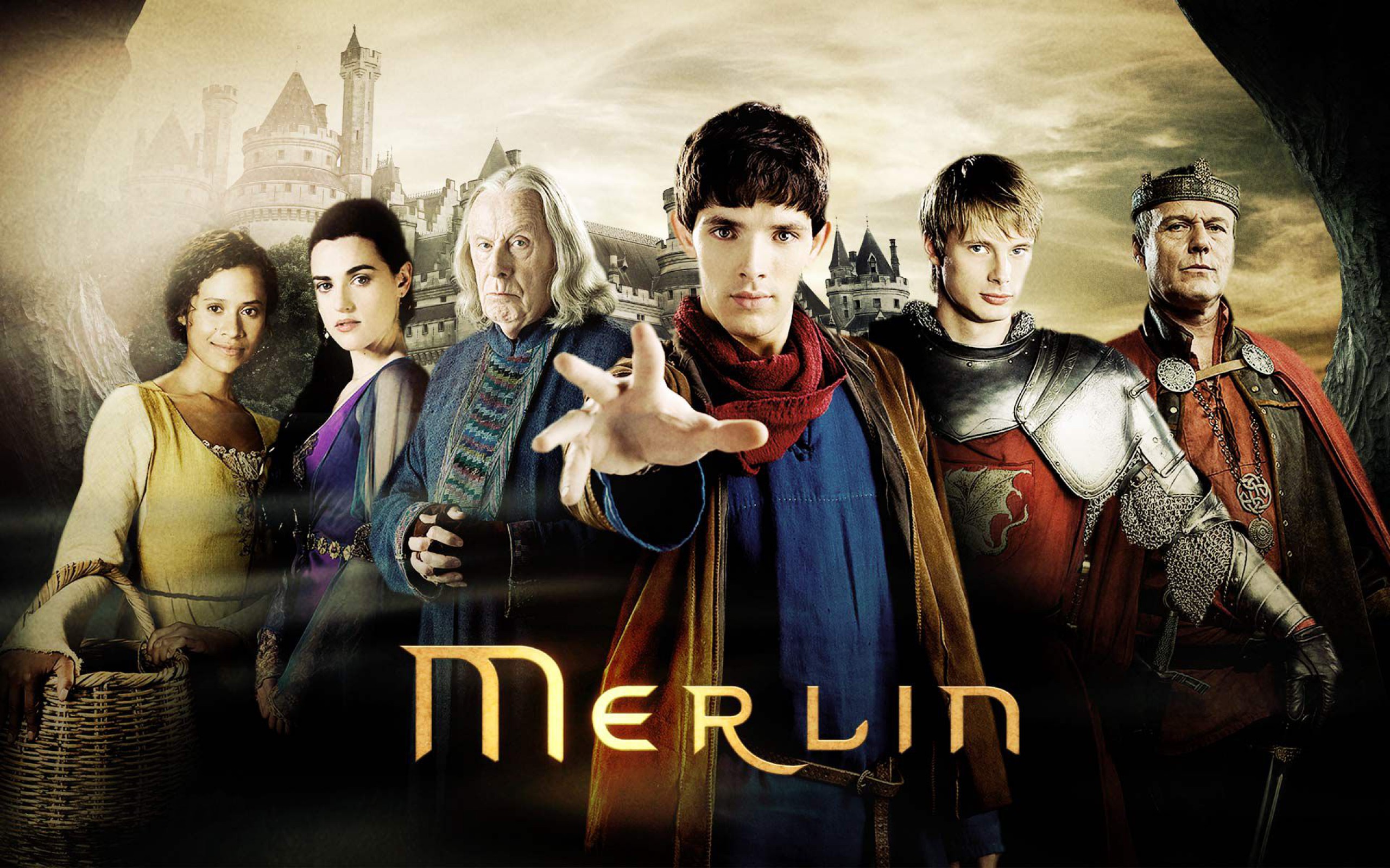 Merlin characters with castle background HD Wallpaper