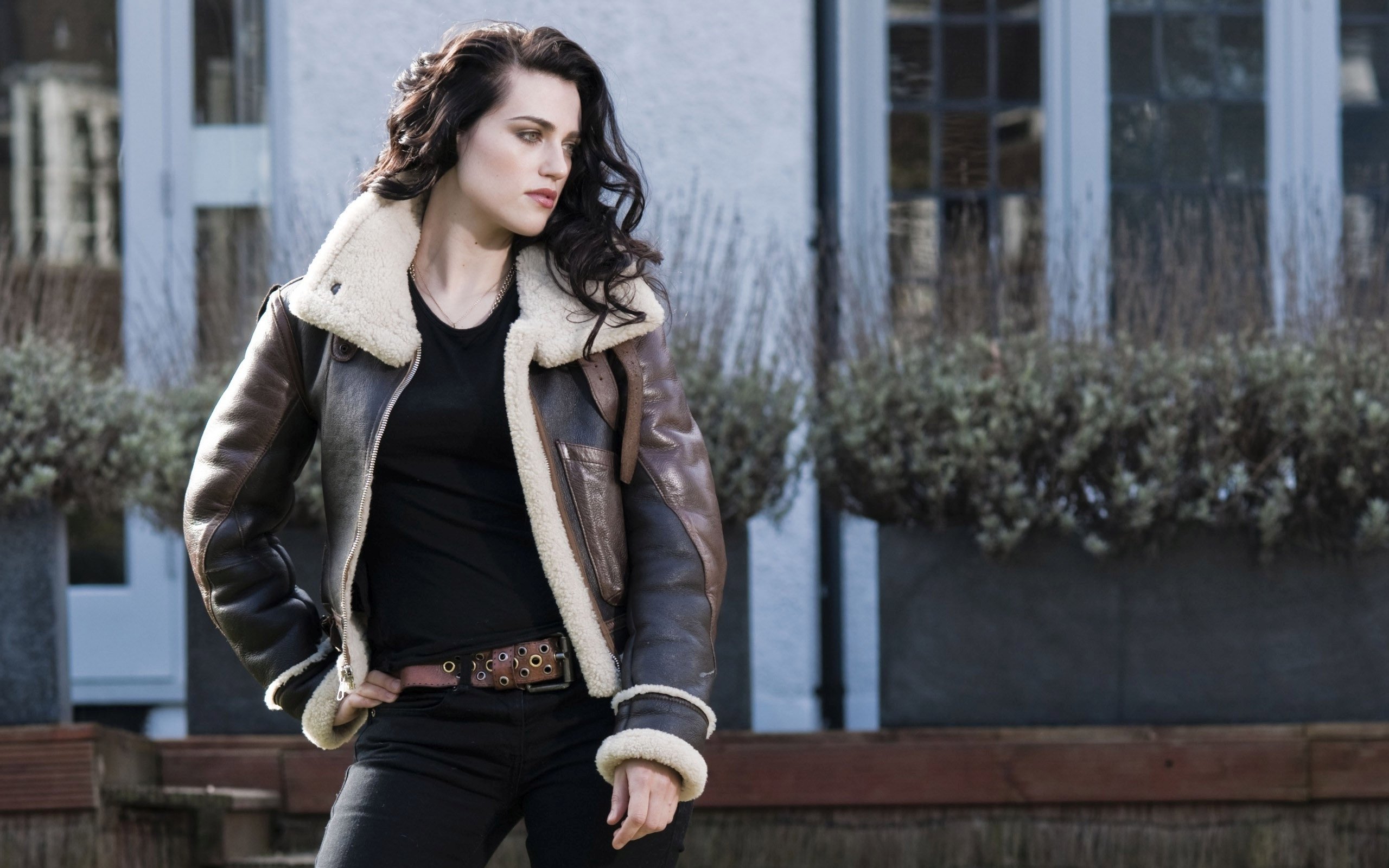 Katie McGrath in a leather jacket HD Wallpaper